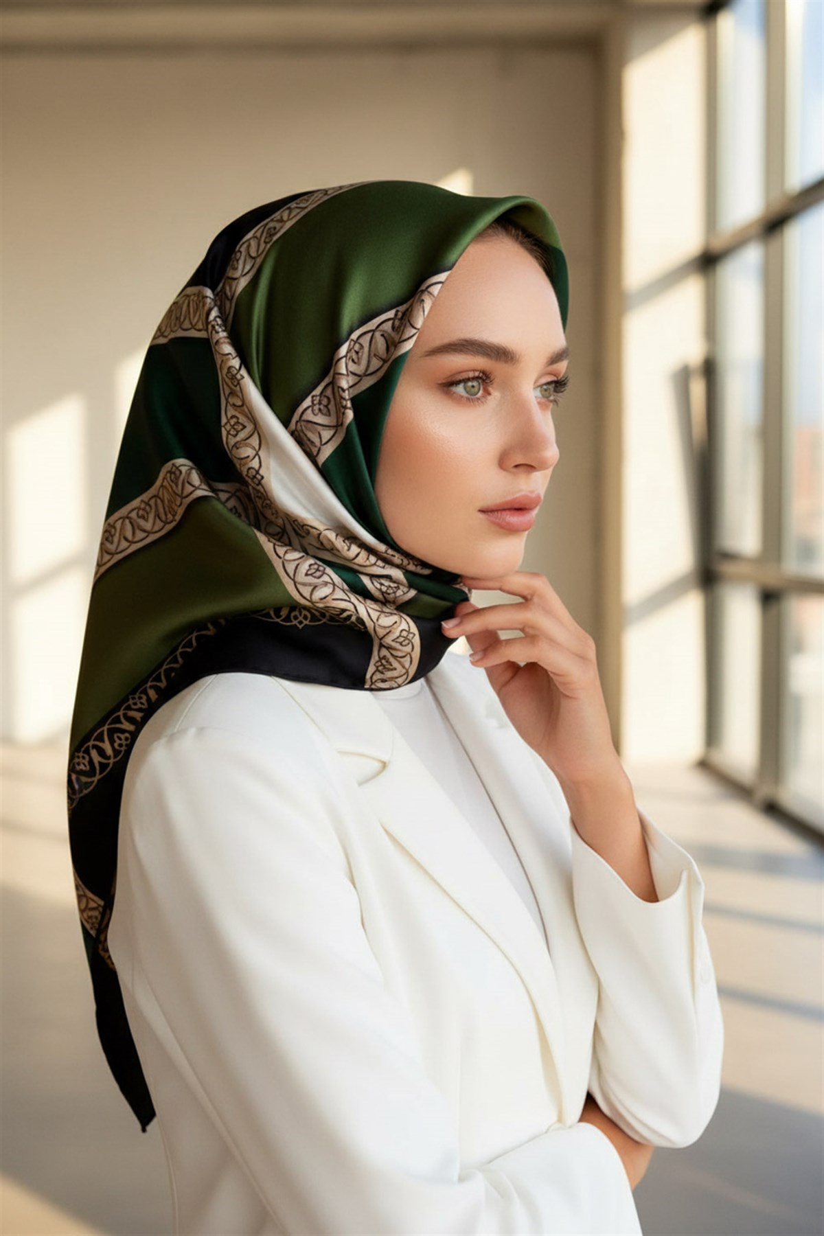 %100 Twill İpek Geometrik Desenli Zümrüt Yeşili - Siyah Renkli 90x90 Eşarp Dikim Şekli : El Dikişi