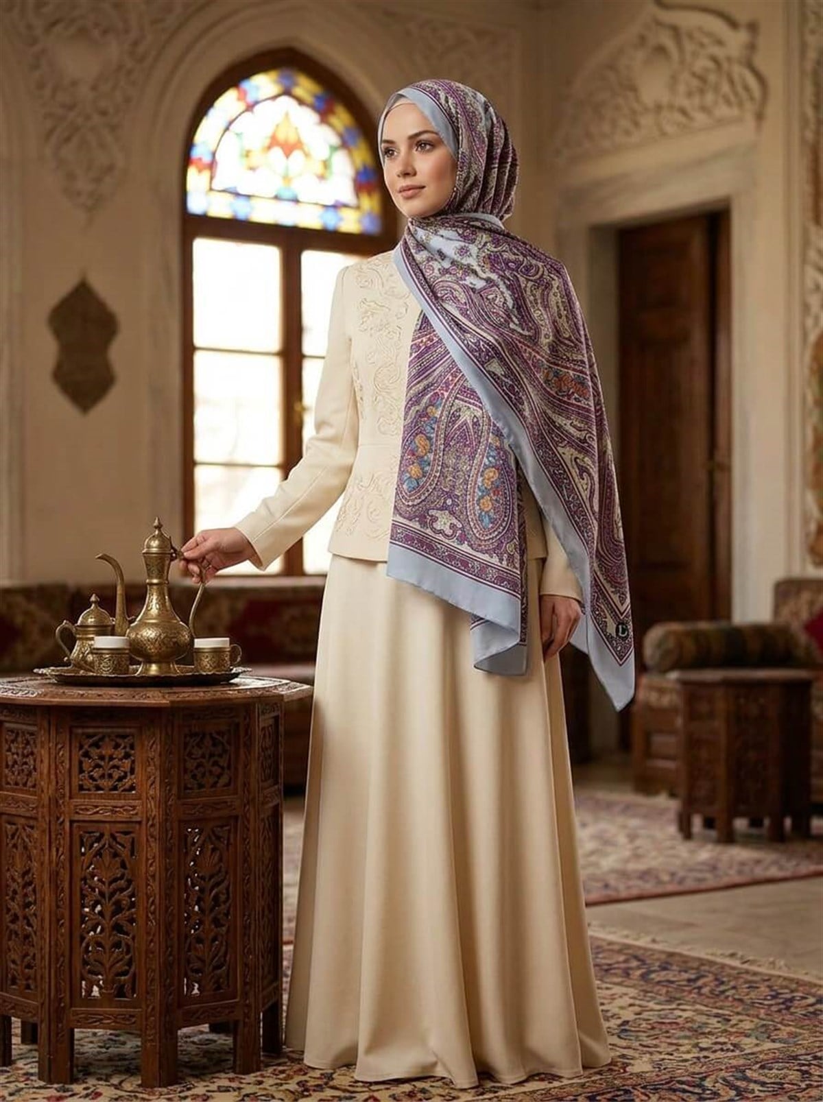 %100 İpek Etro Desenli Bebe Mavisi Renkli 92x210 Şal