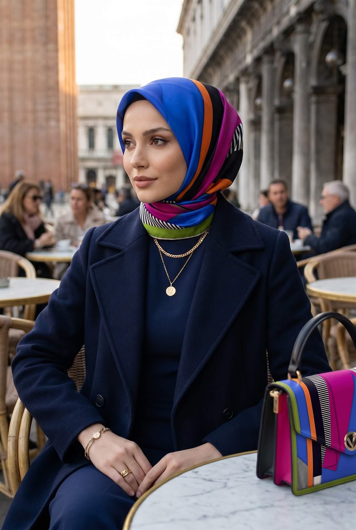 %100 Twill Renk Bloklu Çizgili Desenli Fuşya - Saks Renkli 90x90 Eşarp Dikim Şekli: El Dikişii