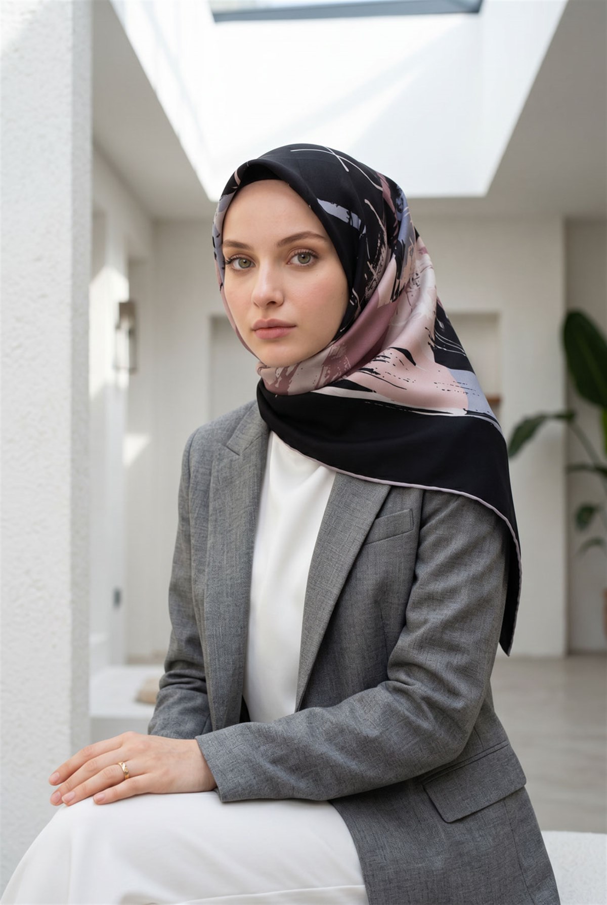 %57 İPEK %43 VİSKON Twill İpek Geometrik Desenli Siyah - Pudra Renkli 90x90 Eşarp Dikim Şekli : El Dikişi