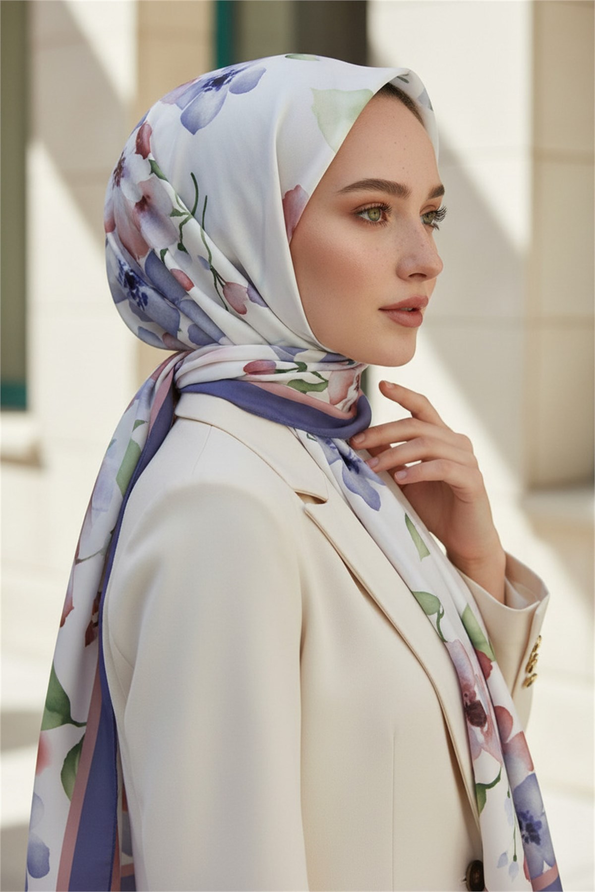 KREP ÇİÇEK DESENLİ İNDİGO RENKLİ 75X195 KIRIŞMAZ ŞAL