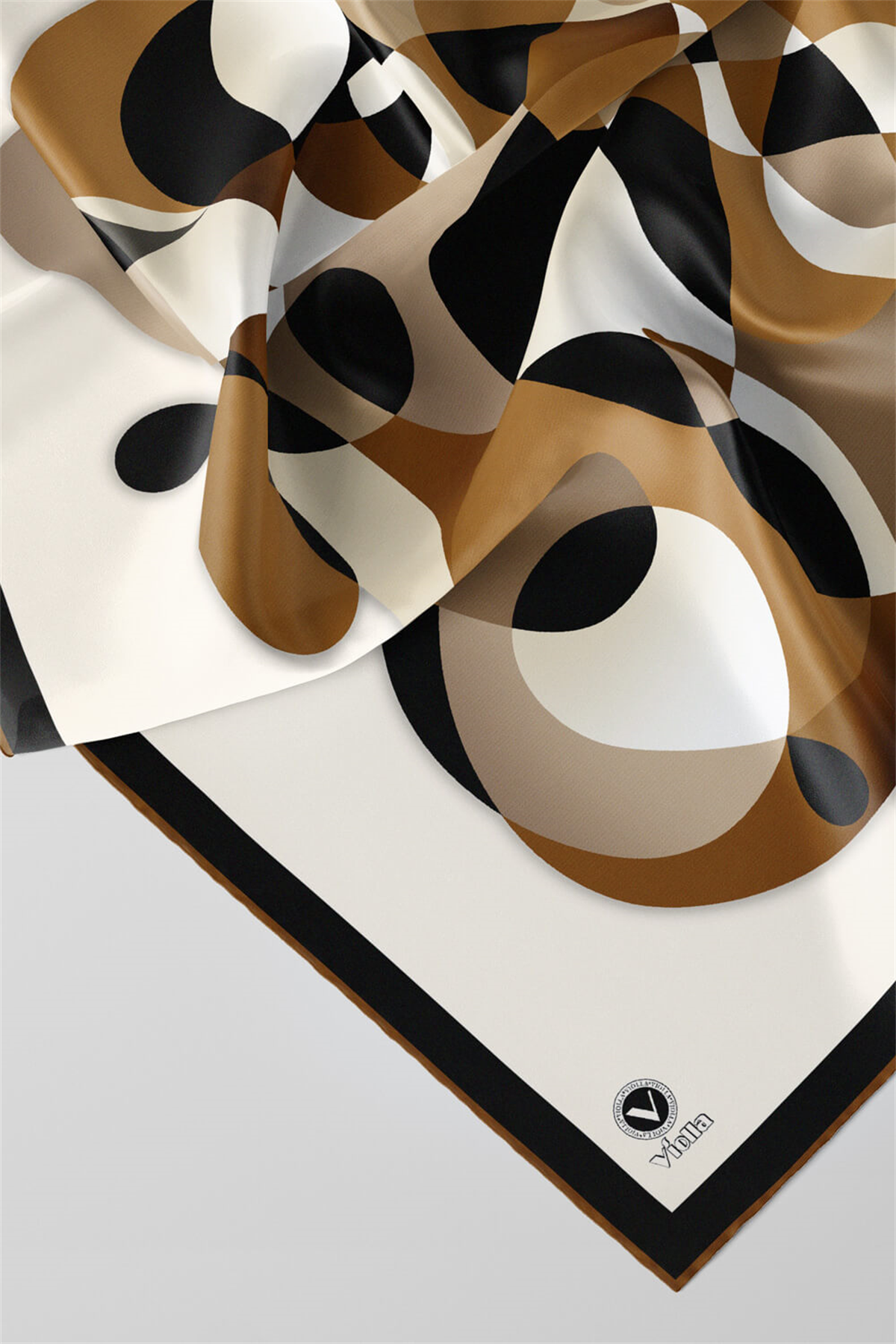 Twill Geometrik Desenli Taba Renkli 90x90 Eşarp (İpek İçermez) Kenar Dikiş Şekli El Dikişli