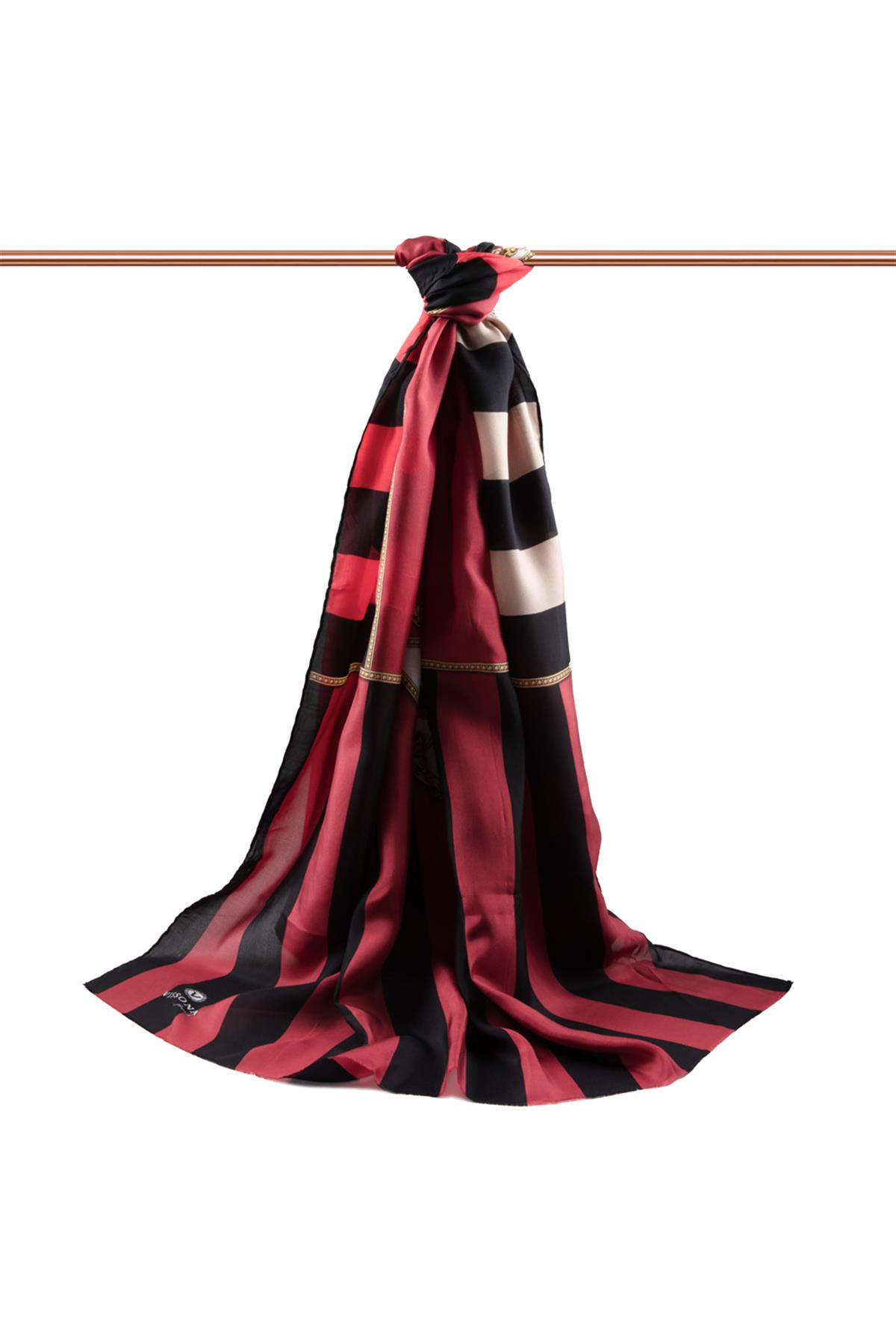 %100 İpek Şerit Ve Varak Desenli Kırmızı - Bej Renkli 92x210 Şal