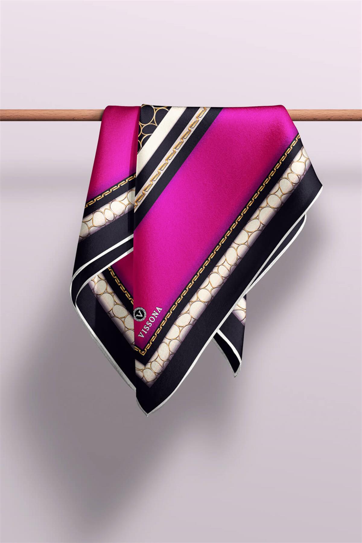 %100 Twill İpek Gold Halka Desenli Fuşya - Siyah Renkli 90x90 Eşarp Dikim Şekli : El Dikişi