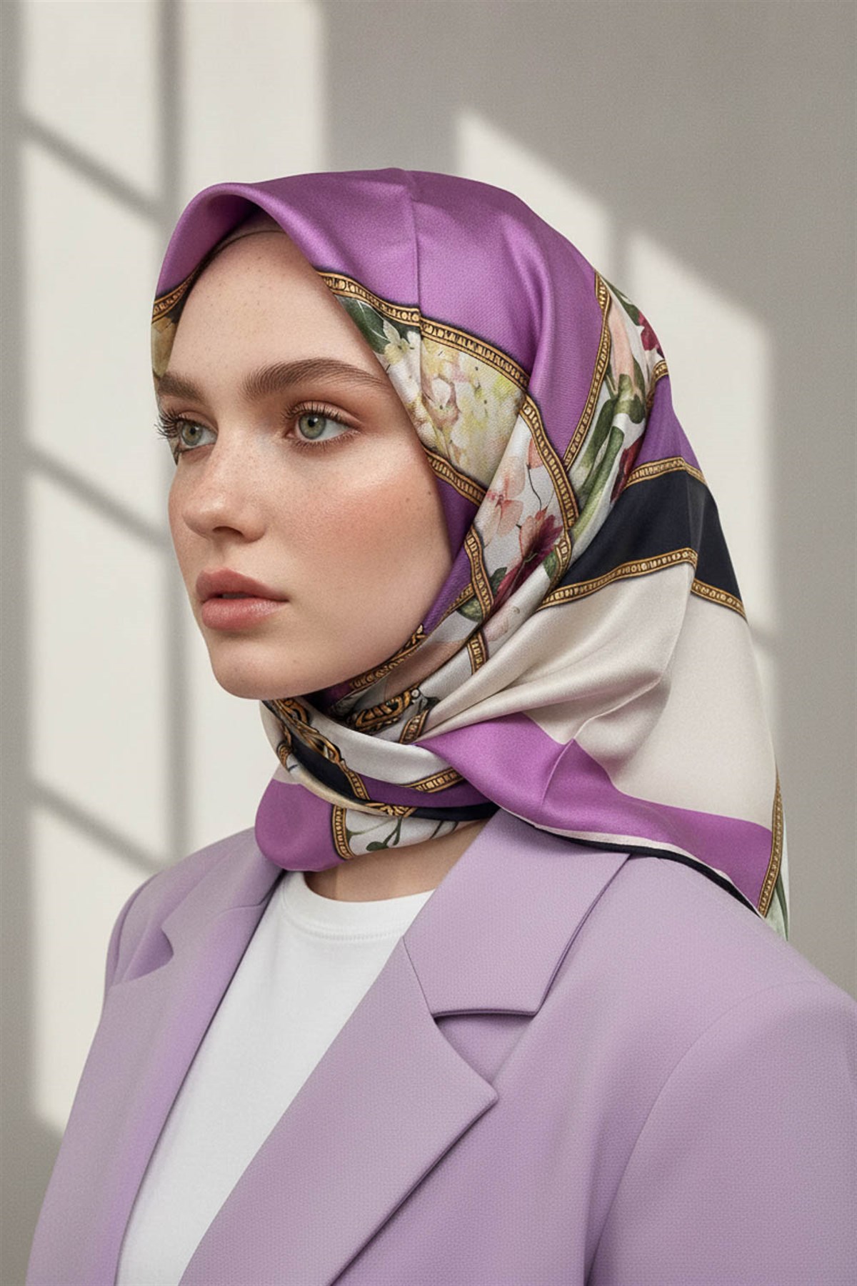 100% Twill İpek Şeritli Çiçek Desenli Lila - Krem Renkli 90x90 Dikim Şekli : El Dikişi Eşarp