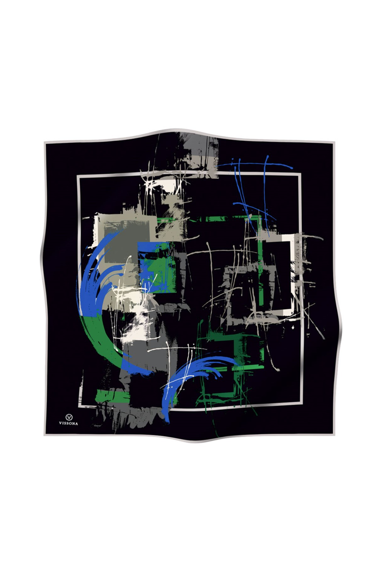 %100 Twill İpek Geometrik Desenli Saks - Zümrüt Yeşili Renkli 90x90 Eşarp Dikim Şekli : El Dikişi