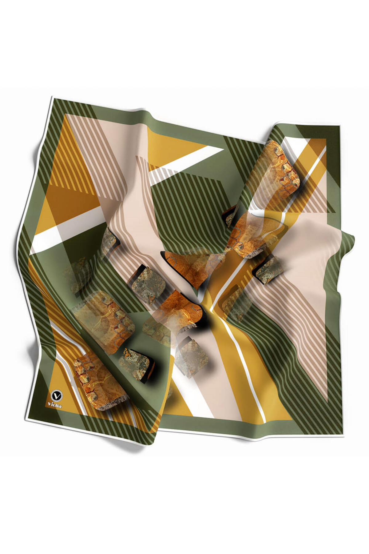 Twill Çizgili ve Geometrik Desenli Haki Renkli 90x90 Eşarp (İpek İçermez) Kenar Dikiş Şekli El Dikişli