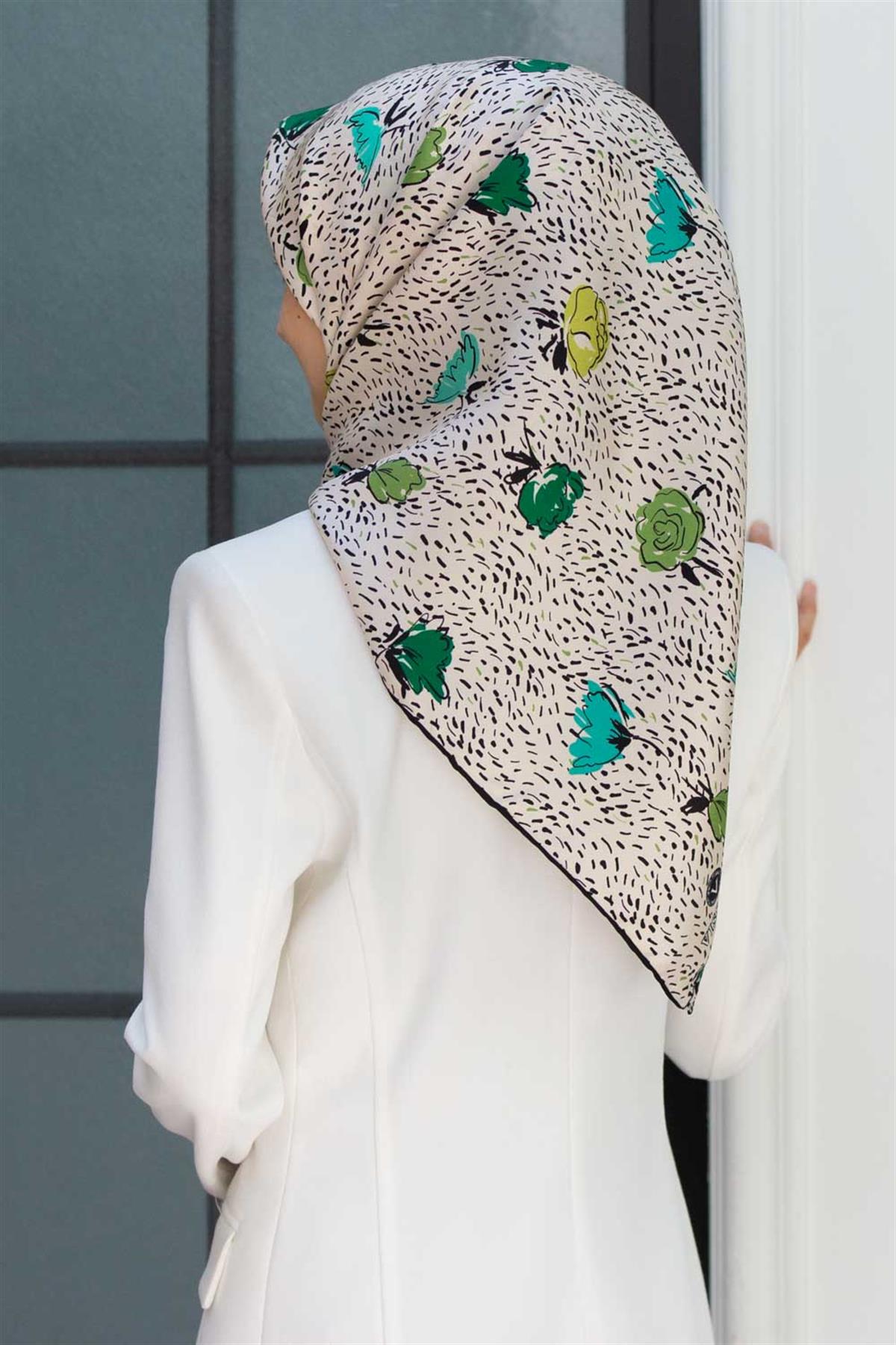 %100 Twill İpek Çıtır Çiçek Desenli Haki - Krem Renkli 90x90 Eşarp Dikim Şekli : El Dikişi