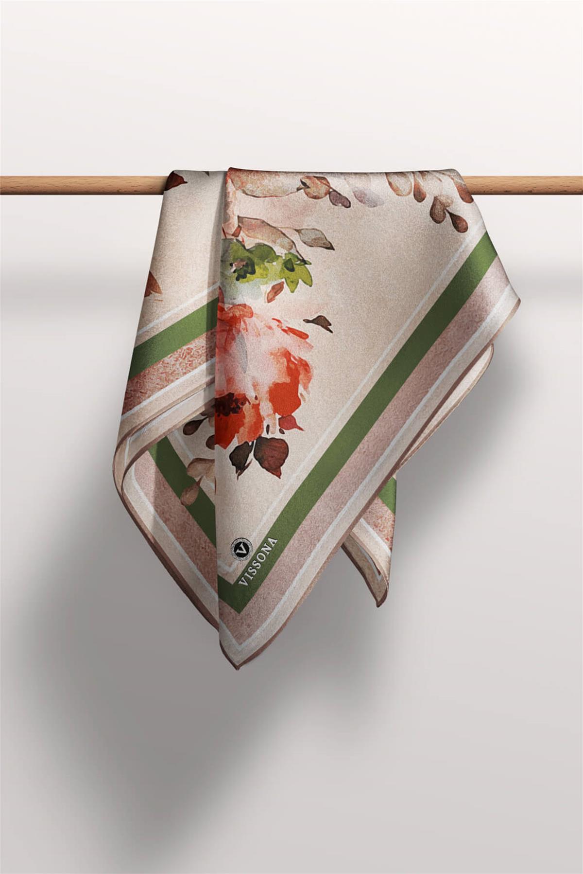 %100 Twill İpek Bahar Çiçekleri Desenli Narçiçeği - Haki Renkli 90x90 Eşarp Dikim Şekli : El Dikişi