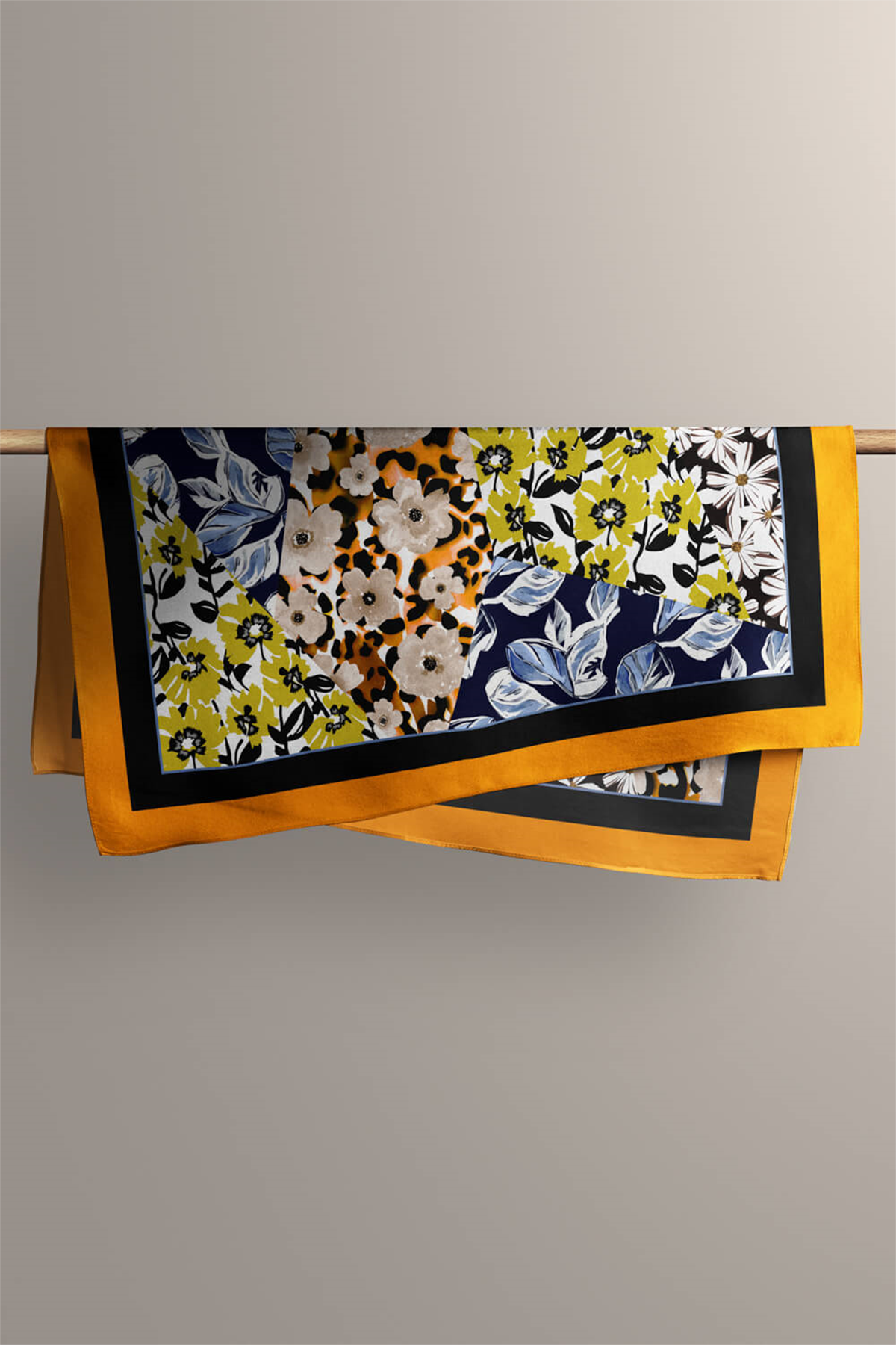 H47 Kadın Sarı Mavi Çiçek Desenli 50x50 Bandana HYL DG01631-22