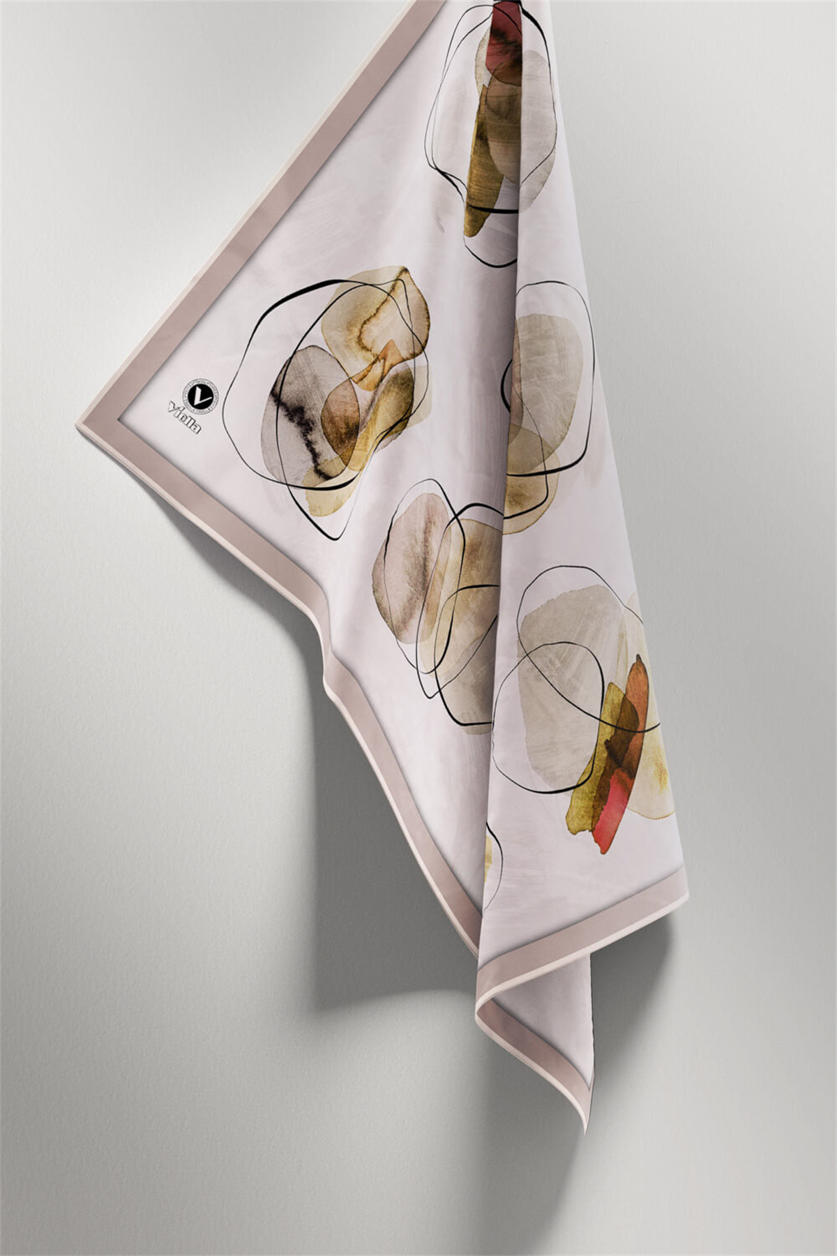Twill Sulu Boya Geometrik Desenli Taş Renkli 90x90 Eşarp (İpek İçermez) Kenar Dikiş Şekli El Dikişli