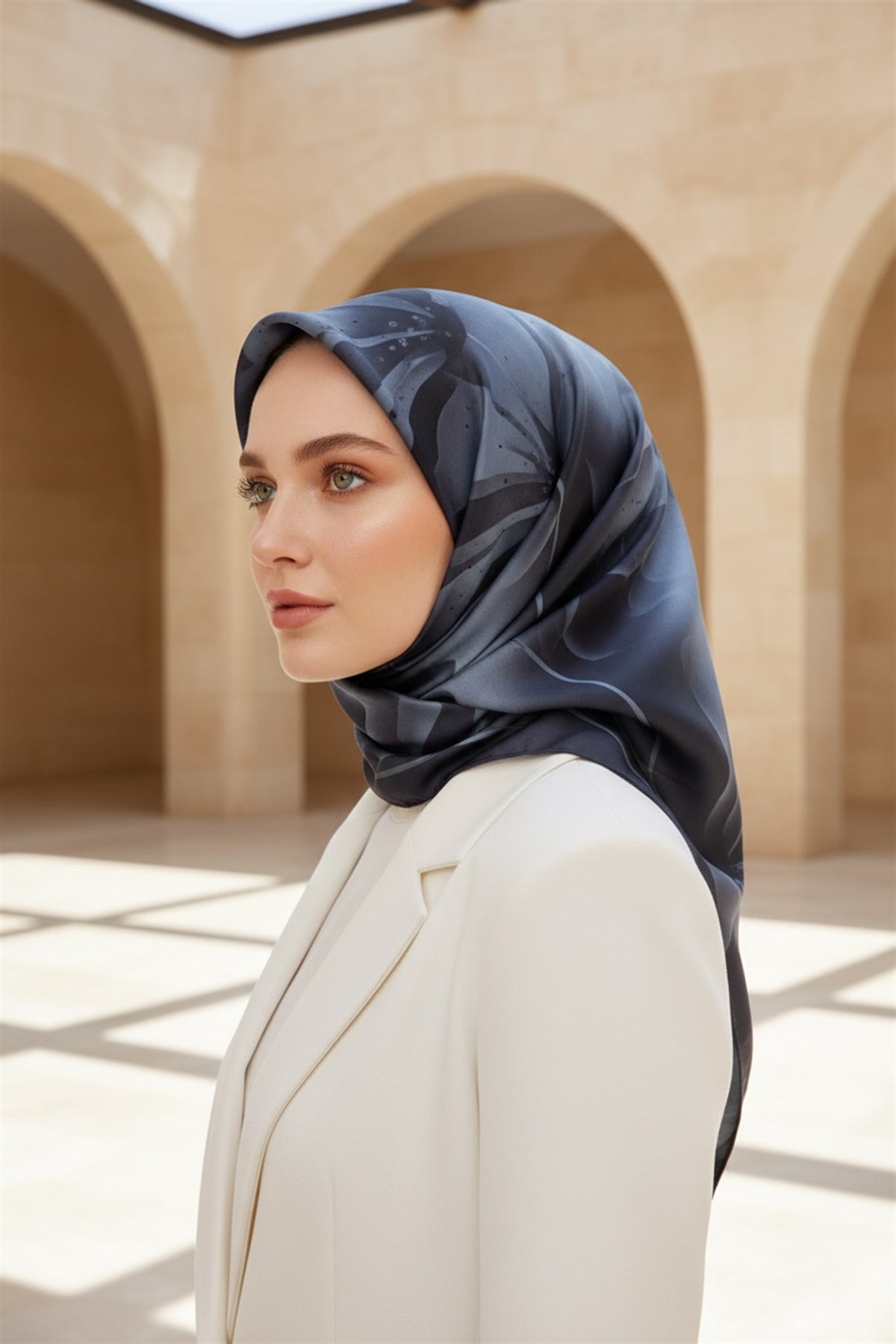 %100 Twill İpek Çiçek Desenli İndigo Renkli 90x90 Eşarp Dikim Şekli : El Dikişi