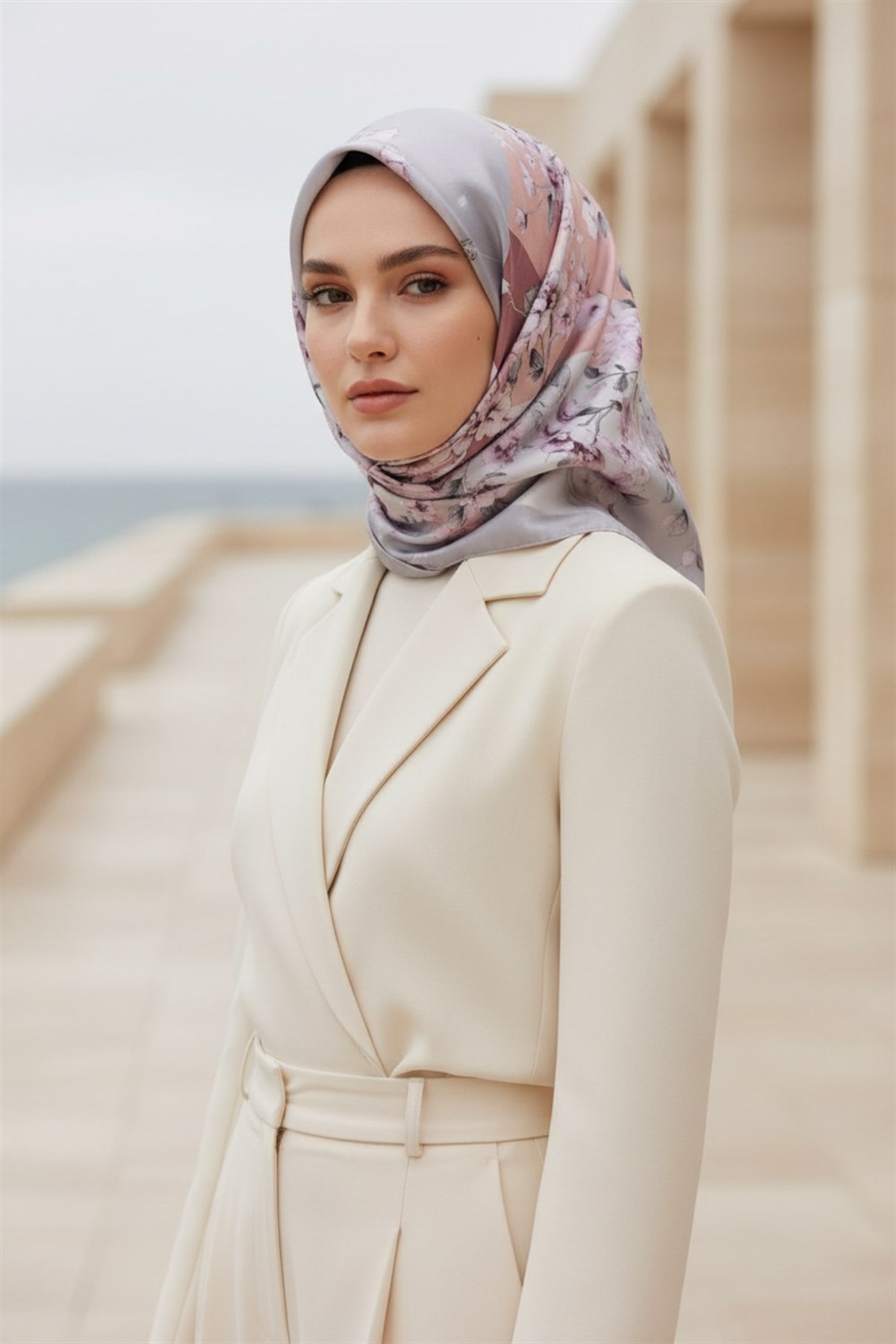 %100 Twill İpek Geometrik Ve Çiçek Desenli Pudra - Gri Renkli 90x90 Eşarp Dikim Şekli : El Dikişi