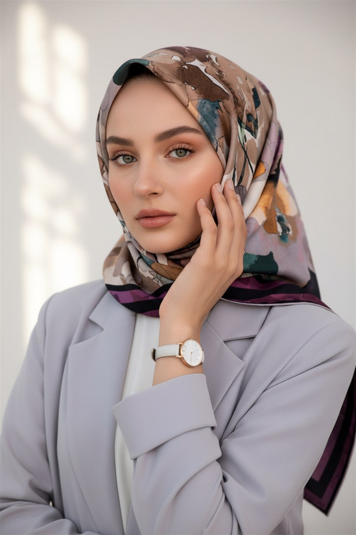 %100 Twill İpek Sulu Boyalı Çiçek Desenli Mor - Vizon Renkli 90x90 Eşarp Dikim Şekli : El Dikişi