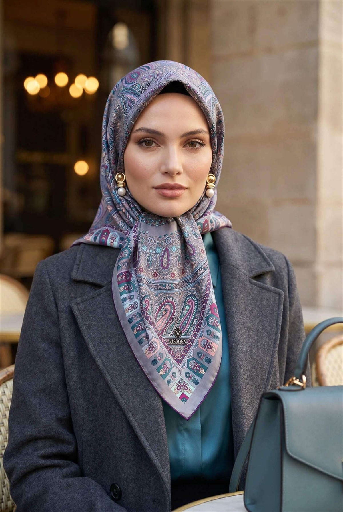 %100 Twill İpek Etro Desenli Gri Renkli 90x90 Eşarp Dikim Şekli : El Dikişi