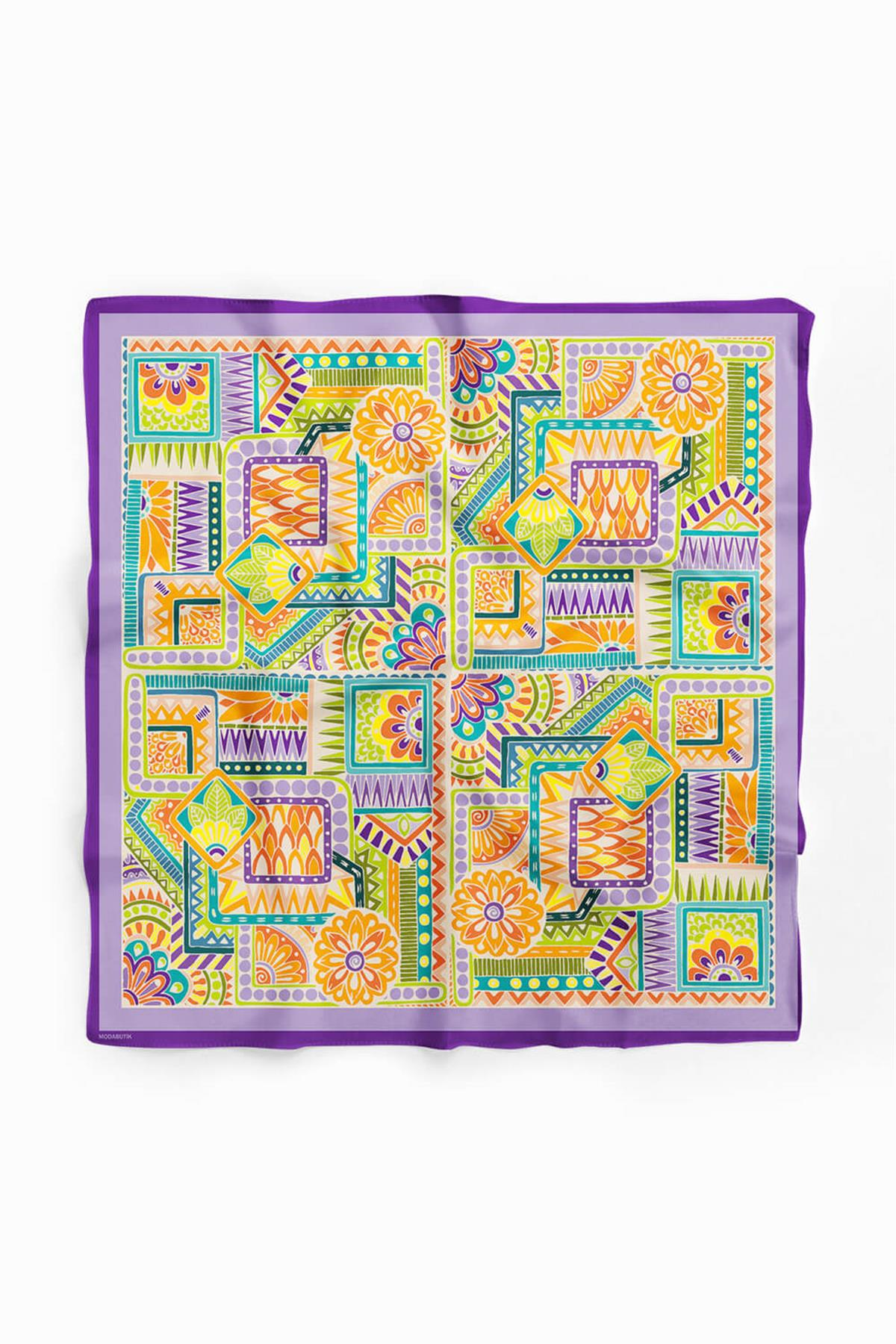 B72 Kadın Lila Sweat Patch Desenli 50x50 Bandana HYL DG0643-22