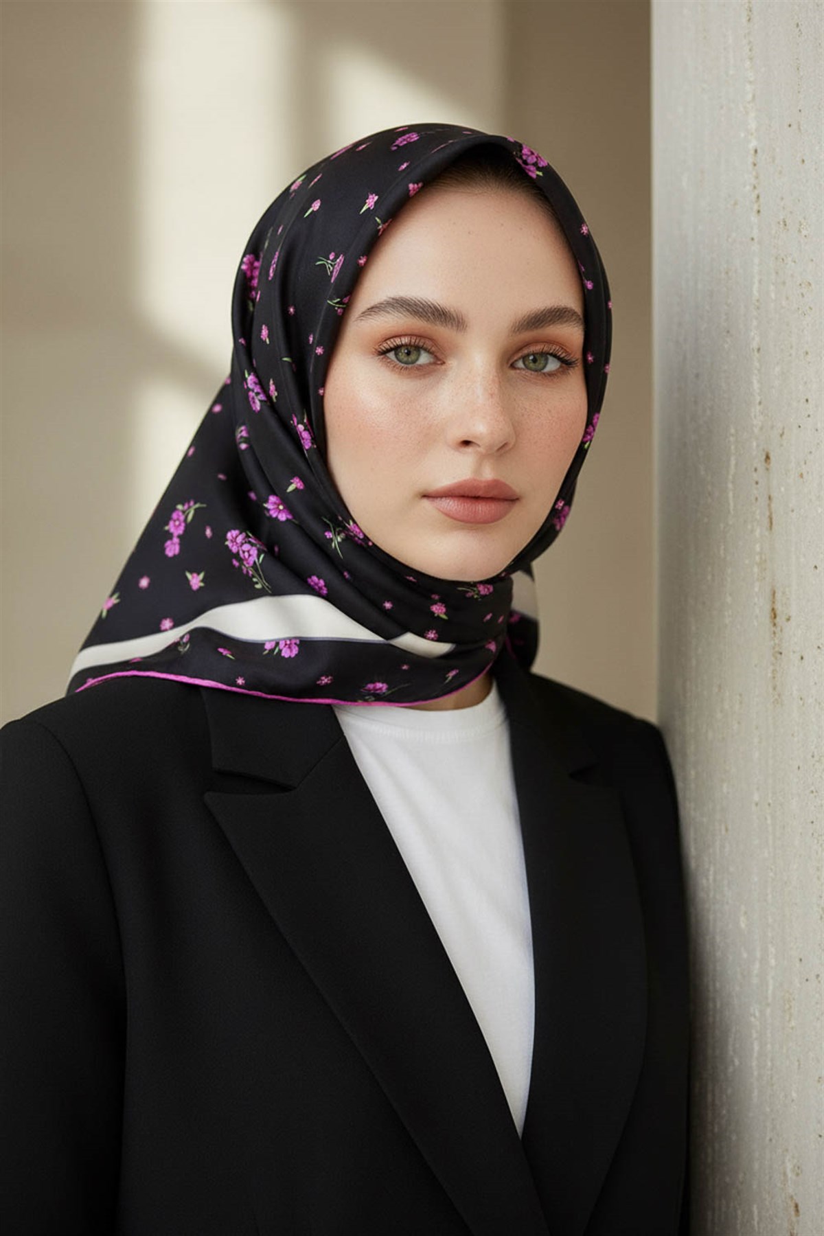 100% Twill İpek Bordürlü Çıtır Çiçek Desenli Siyah - Fuşya Renkli 90x90 Dikim Şekli : El Dikişi Eşarp