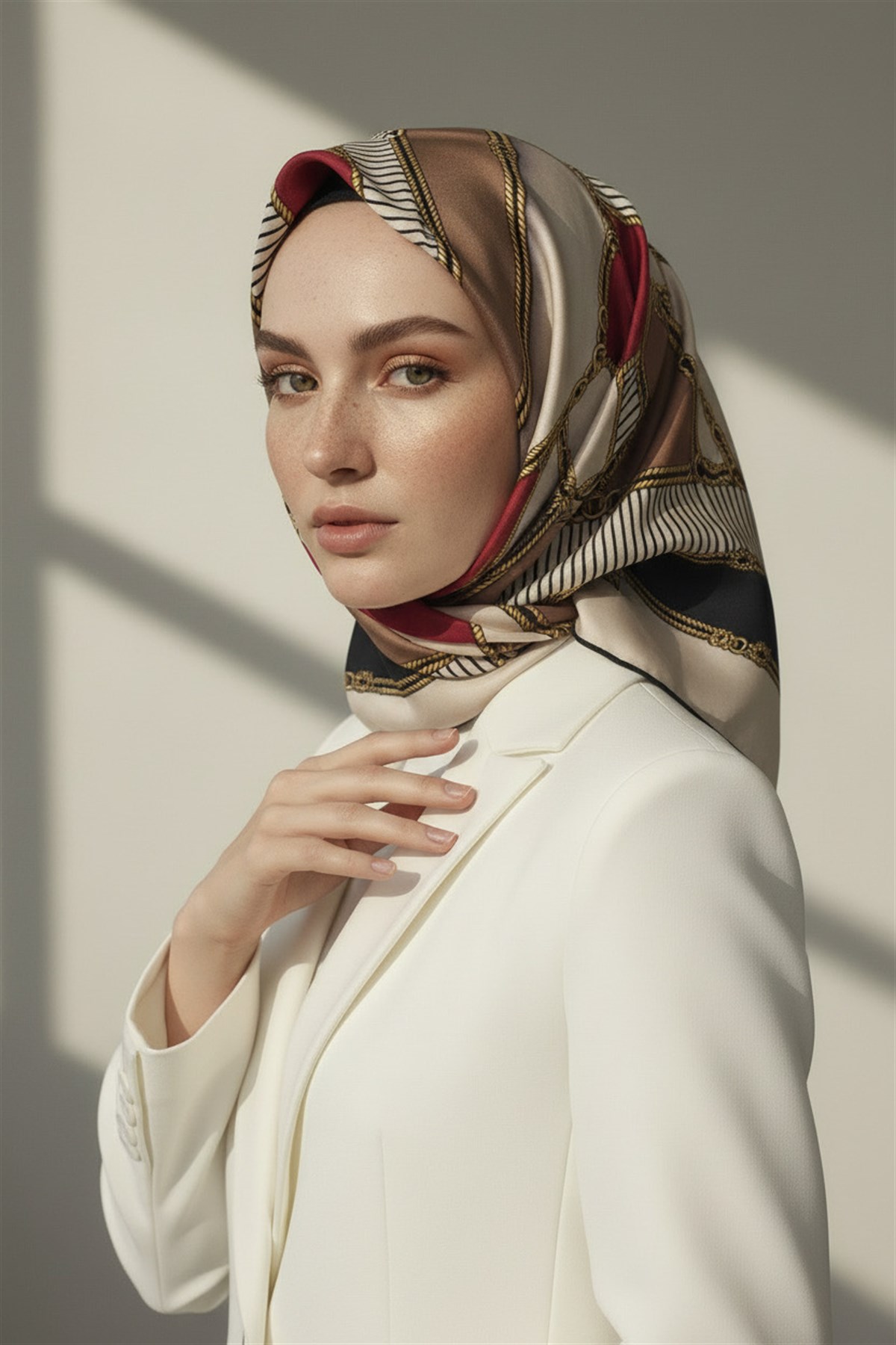 %100 Twill İpek Zincir Detaylı Geometrik Desenli Bordo - Bej Renkli 90x90 Eşarp Dikim Şekli : El Dikişi