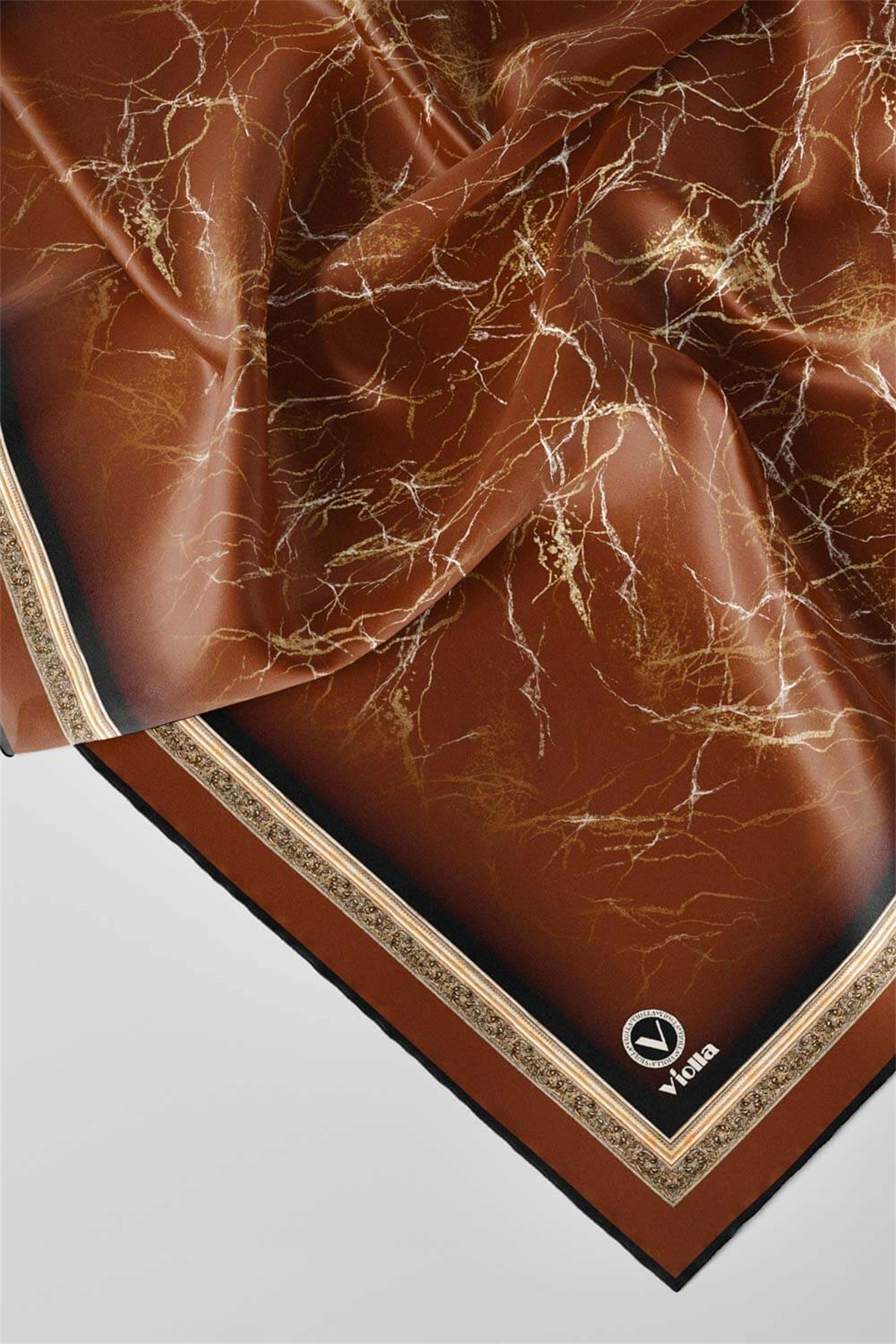 Twill Barok Çerçeveli Mermer Desenli Taba Renkli 90x90 Eşarp (İpek İçermez) Kenar Dikiş Şekli El Dikişli