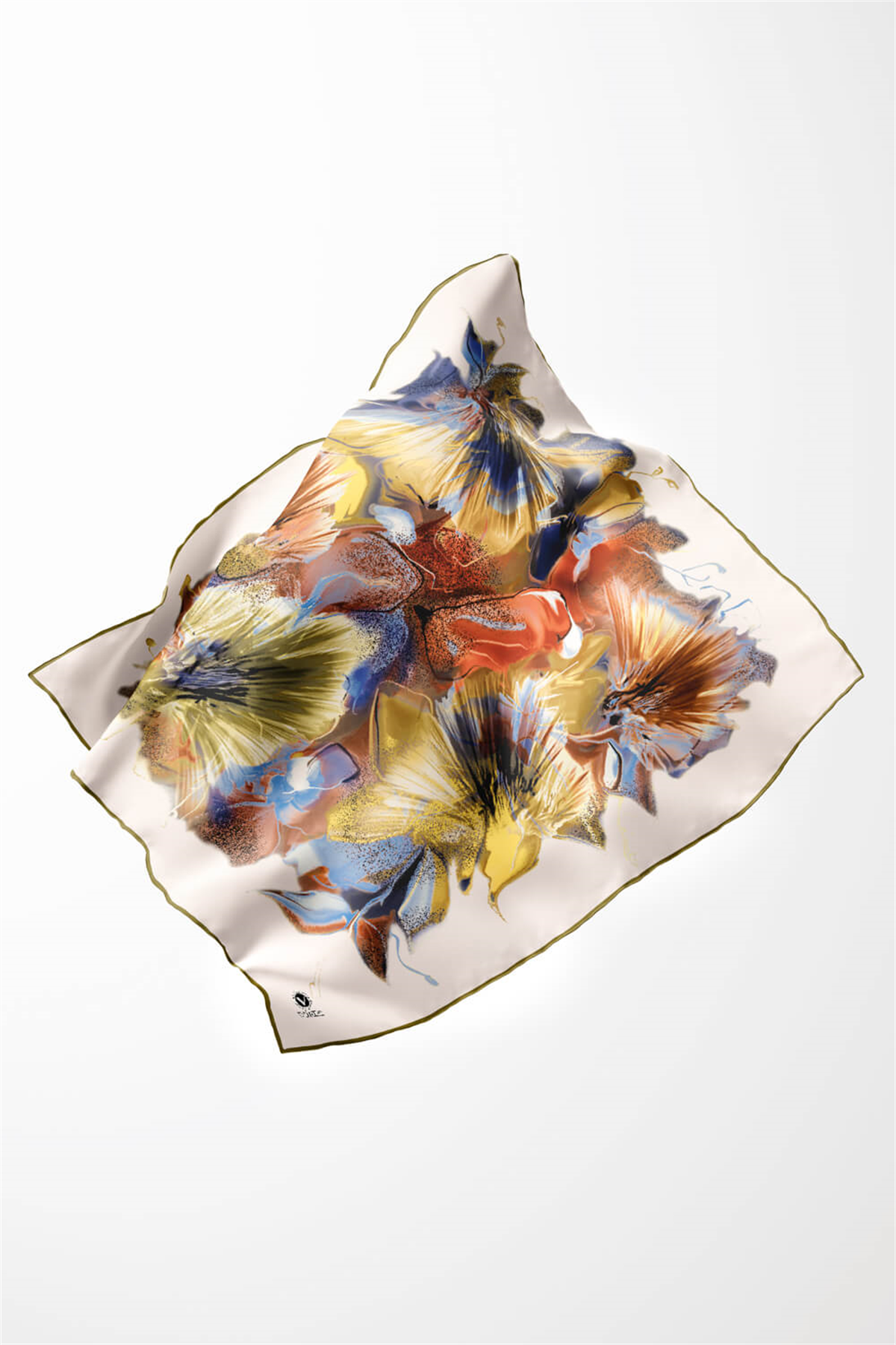 Twill Çiçek Desenli Haki - Turuncu Renkli 90x90 Eşarp (İpek İçermez) Kenar Dikiş Şekli El Dikişli