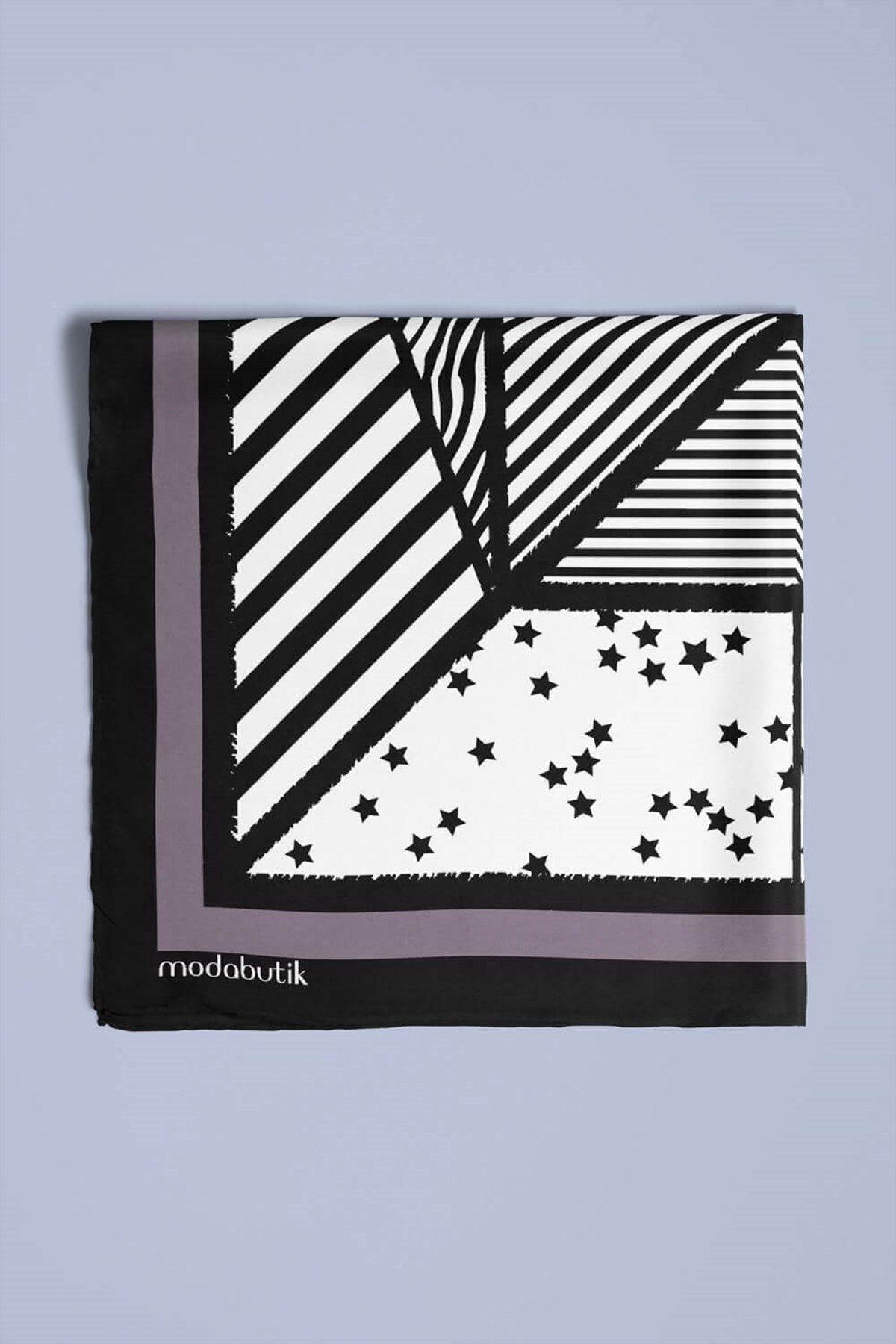 Violla Kadın Sİyah Beyaz Square Star Desenli 50x50 Bandana