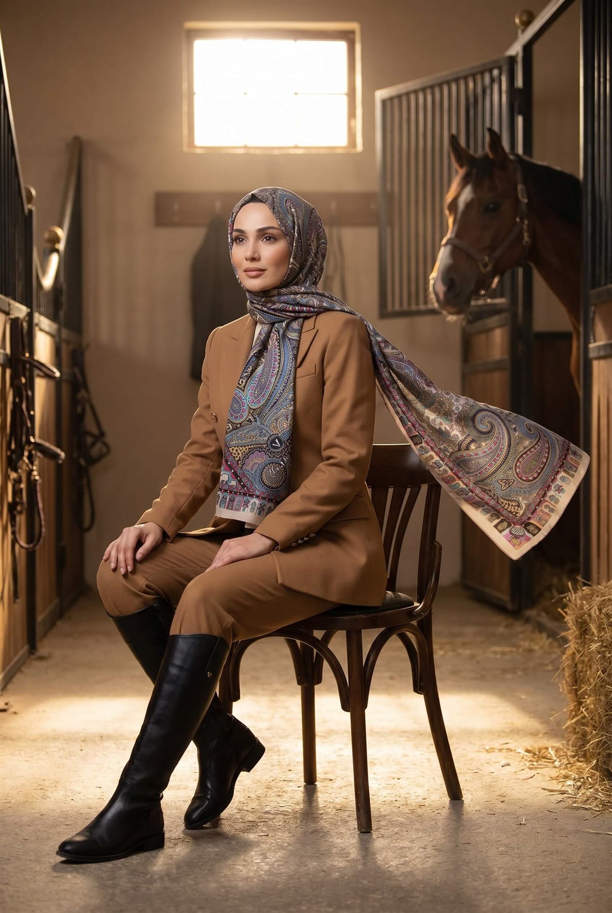 100% İPEK ETRO DESENLİ BEJ - SAKS RENKLİ ŞAL