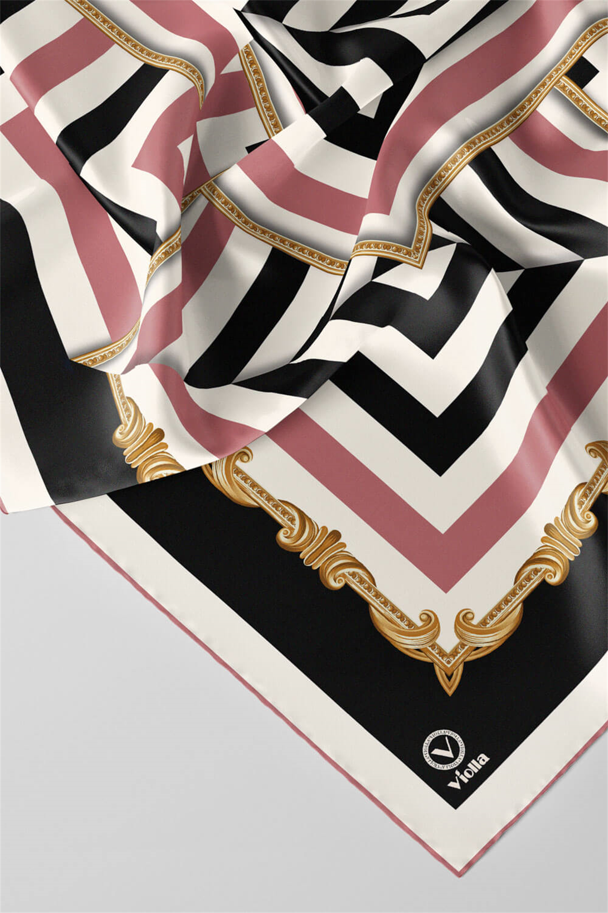Twill Geometrik Desenli Pudra Renkli 90x90 Eşarp (İpek İçermez) Kenar Dikiş Şekli El Dikişli
