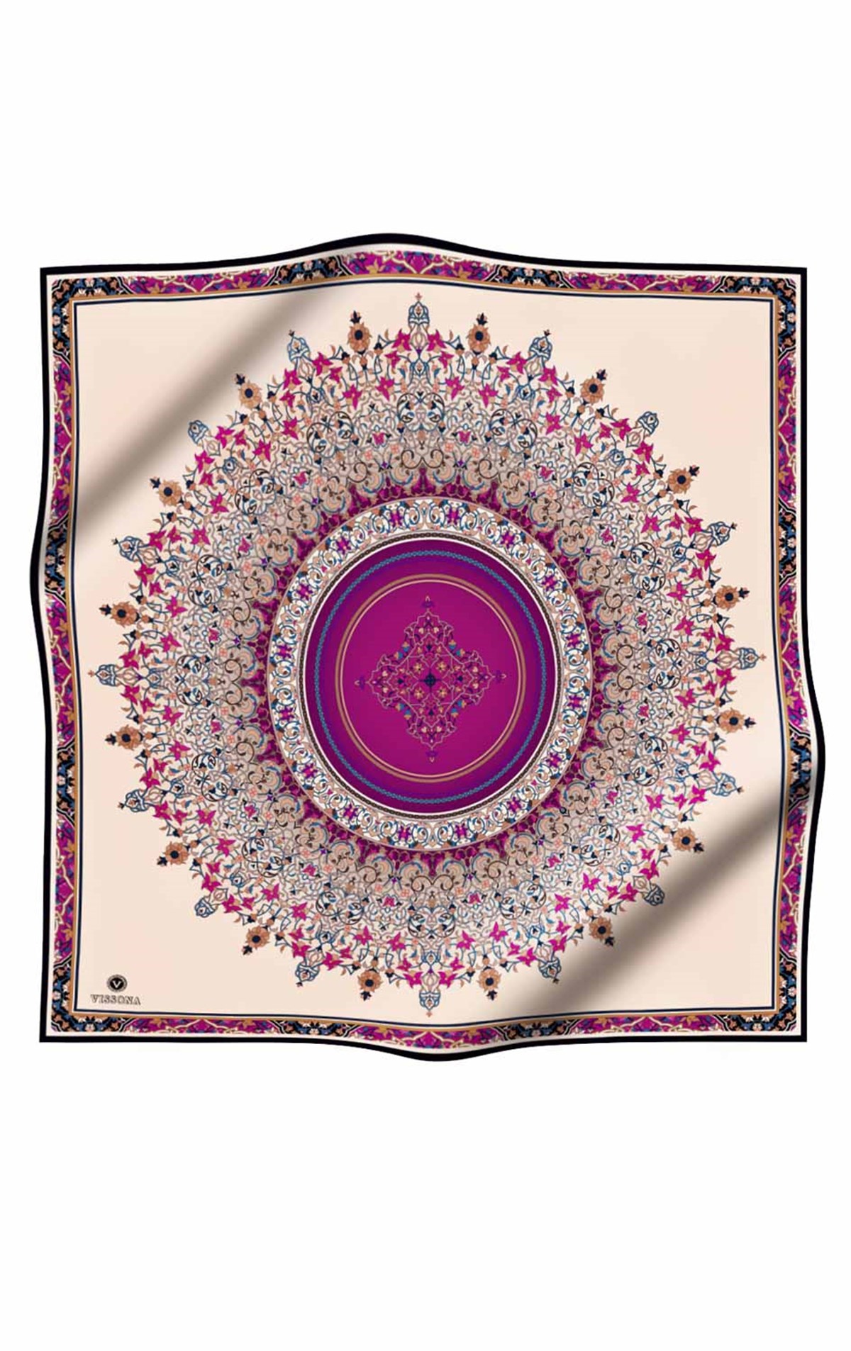%100 Twill İpek Şal Desenli Mürdüm Renkli 90x90 Eşarp Dikim Şekli : El Dikişi