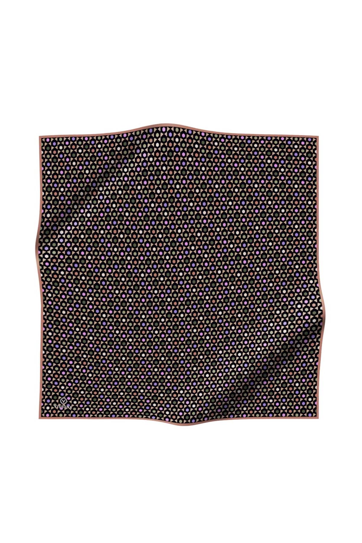 %100 Twill İpek Nokta Desenli Siyah - Bakır Renkli 90x90 Eşarp Dikim Şekli : El Dikişi