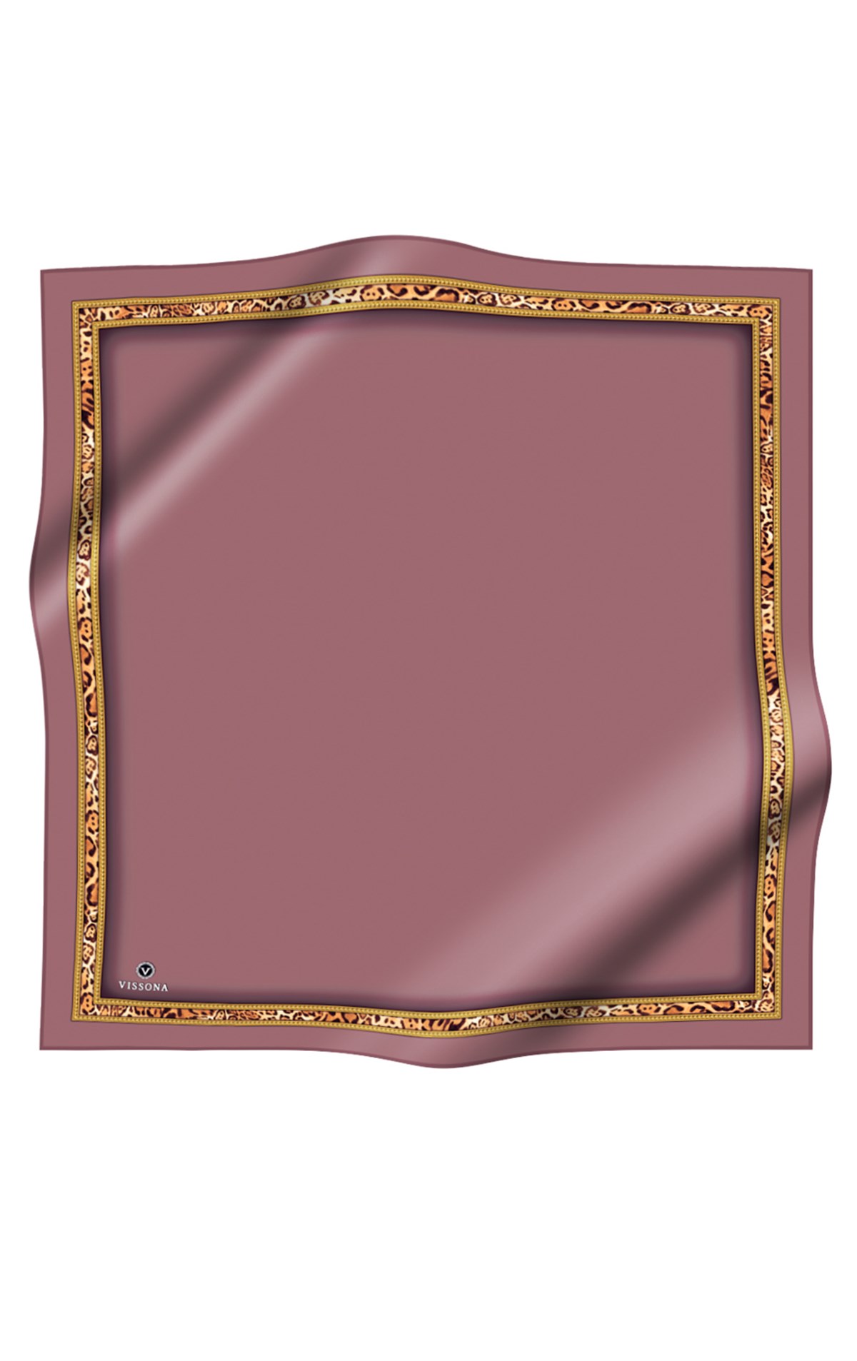 %100 Twill İpek Bordürü Leoparlı Düz Desenli Gül Kurusu - Gold Renkli 90x90 Eşarp Dikim Şekli : El Dikişi