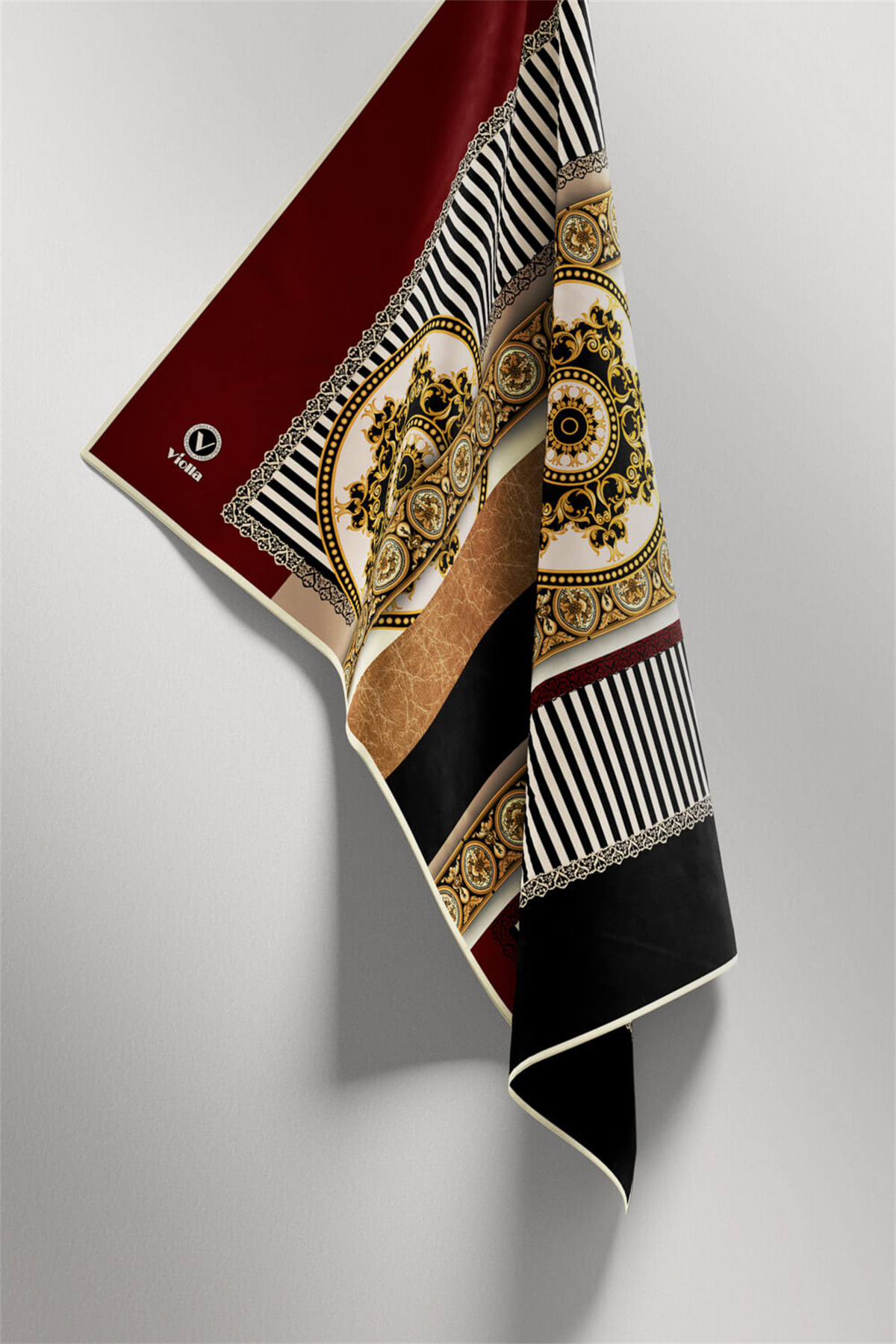 Twill Çizgili ve Barok Desenli Bordo Renkli 90x90 Eşarp (İpek İçermez) Kenar Dikiş Şekli El Dikişli