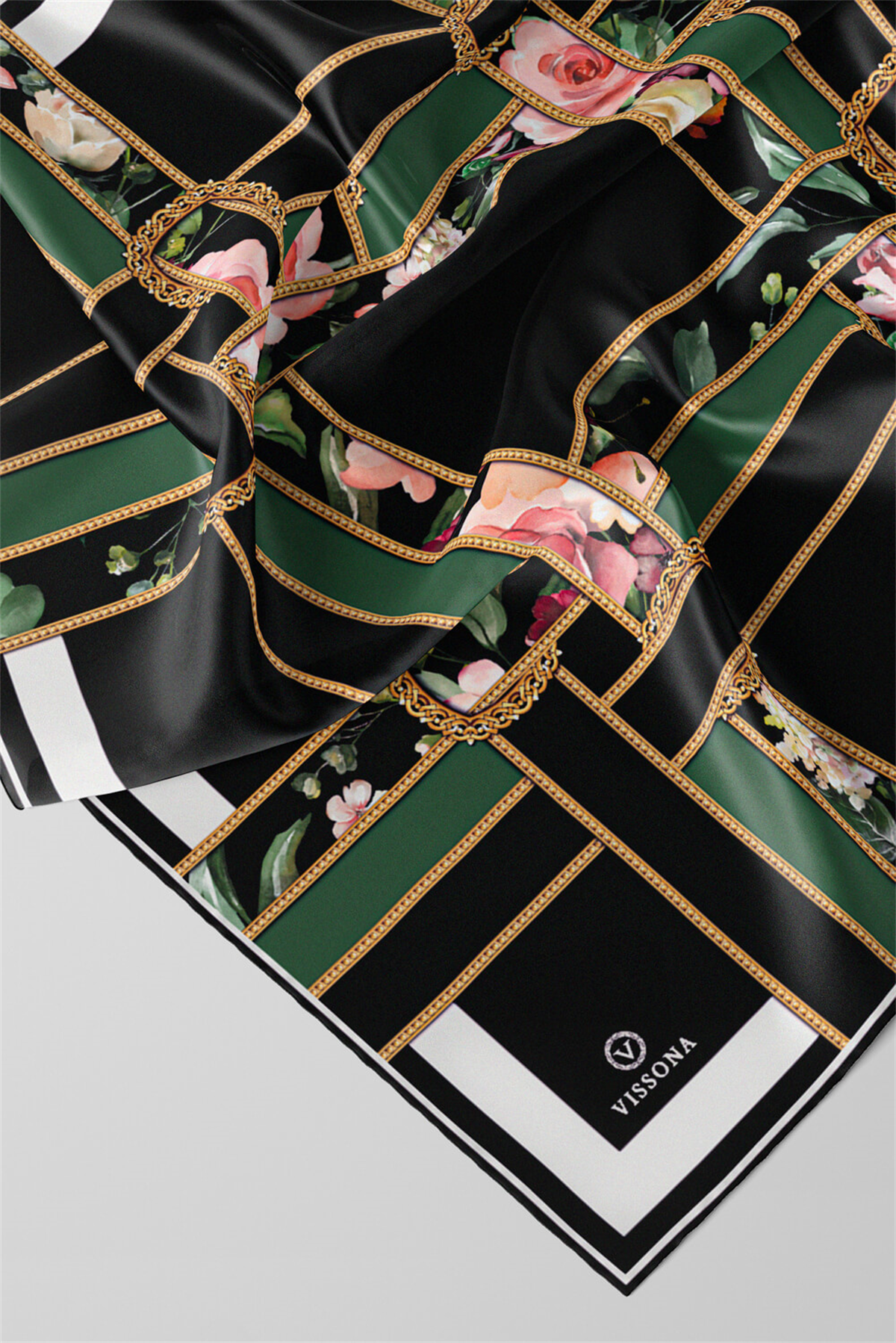 % 57 İPEK % 43 VİSKON Twill İpek Şeritleri Kemerli Ve Çiçek Desenli Zümrüt Yeşili - Siyah Renkli 90x90 Eşarp Dikim Şekli : El Dikişi