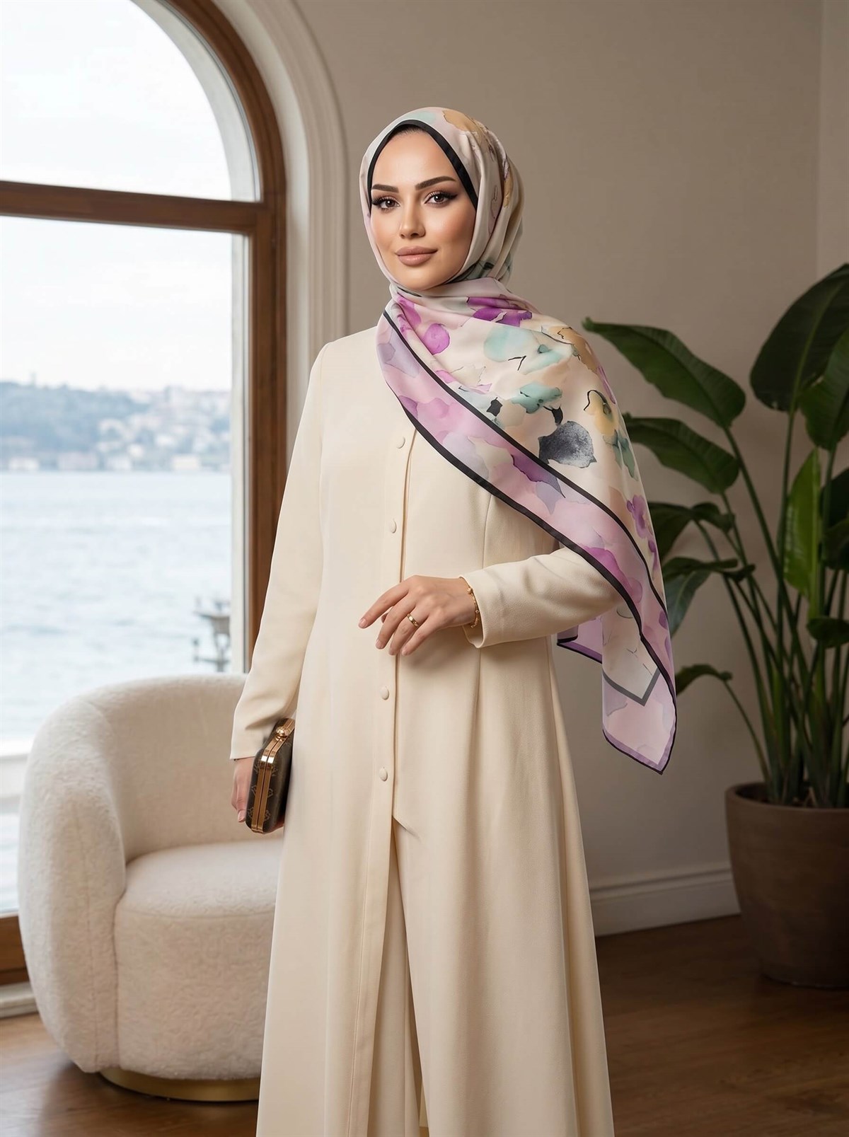 %100 Saf İpek Şal İnce Saten Vual Dokuma Suluboya Çiçek Desenli Mürdüm Renkli 90x210 Şal