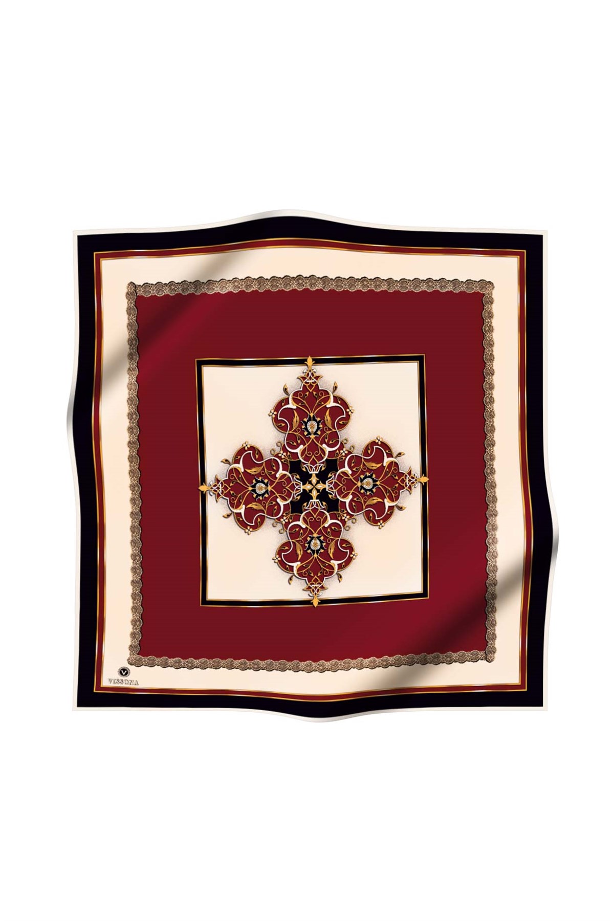 % 57 İPEK % 43 VİSKON Twill İpek Barok Desenli Bordo - Siyah Renkli 90x90 Eşarp Dikim Şekli : El Dikişi