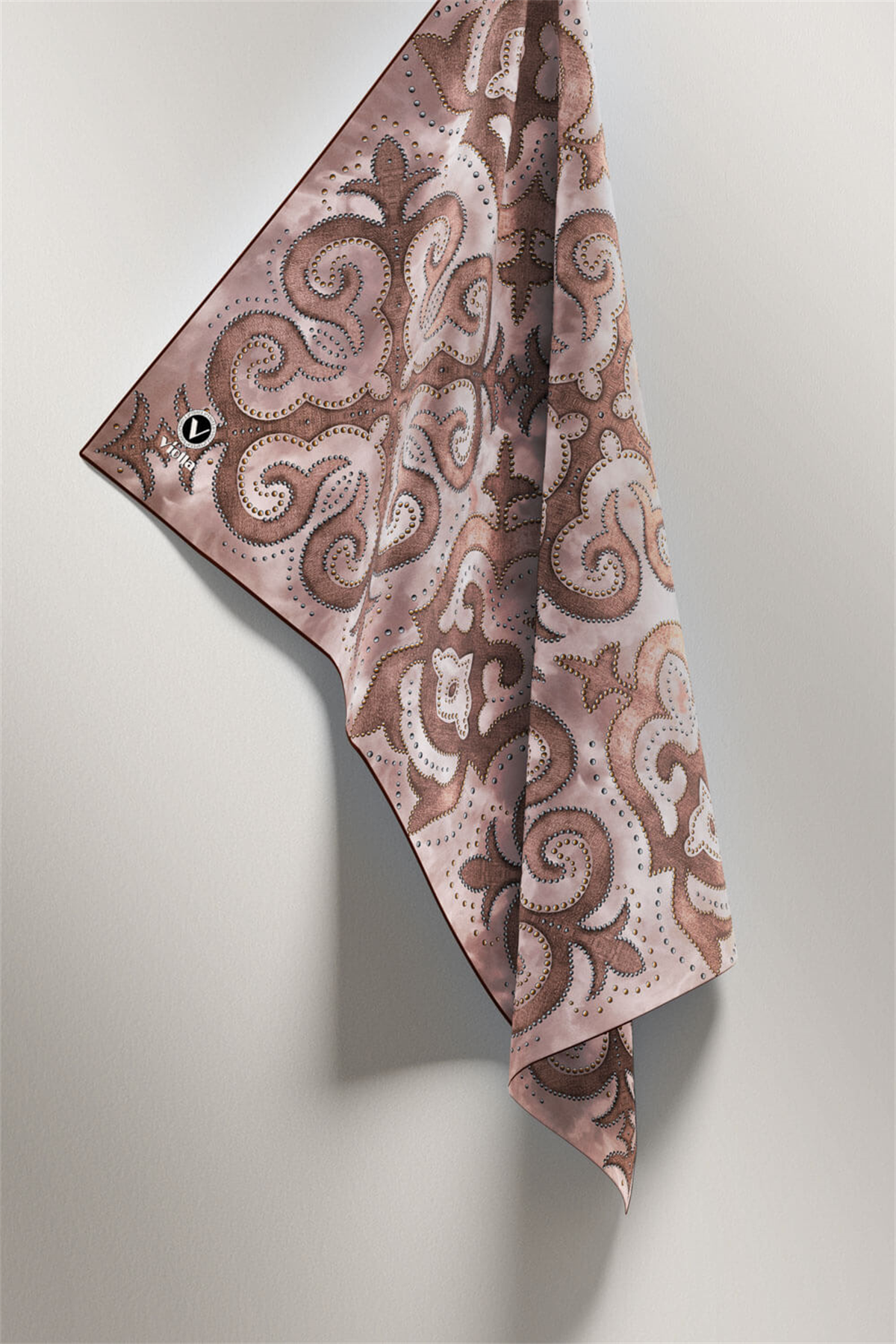 Twill Barok Desenli Taş Renkli 90x90 Eşarp (İpek İçermez) Kenar Dikiş Şekli El Dikişli