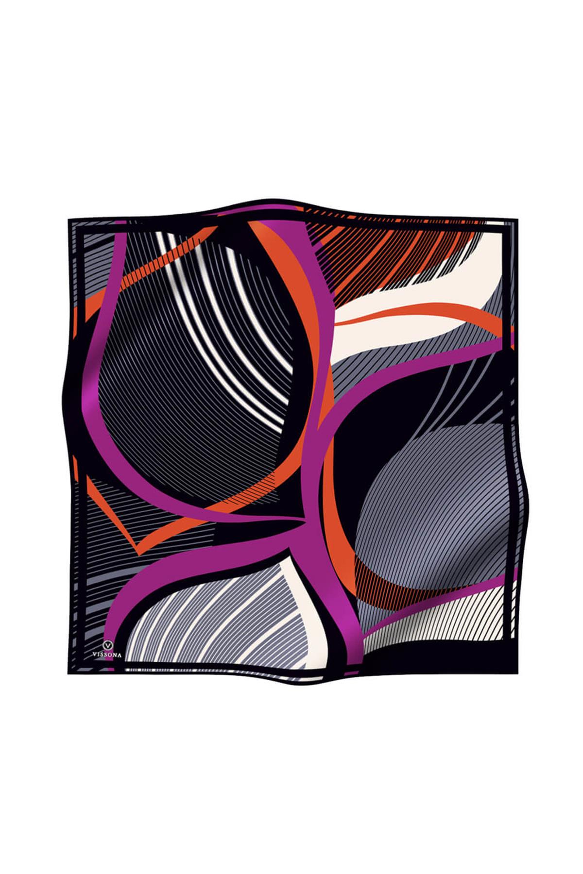 %100 Twill İpek Çizgili Geometrik Desenli Siyah - Gri Renkli 90x90 Eşarp Dikim Şekli : El Dikişi