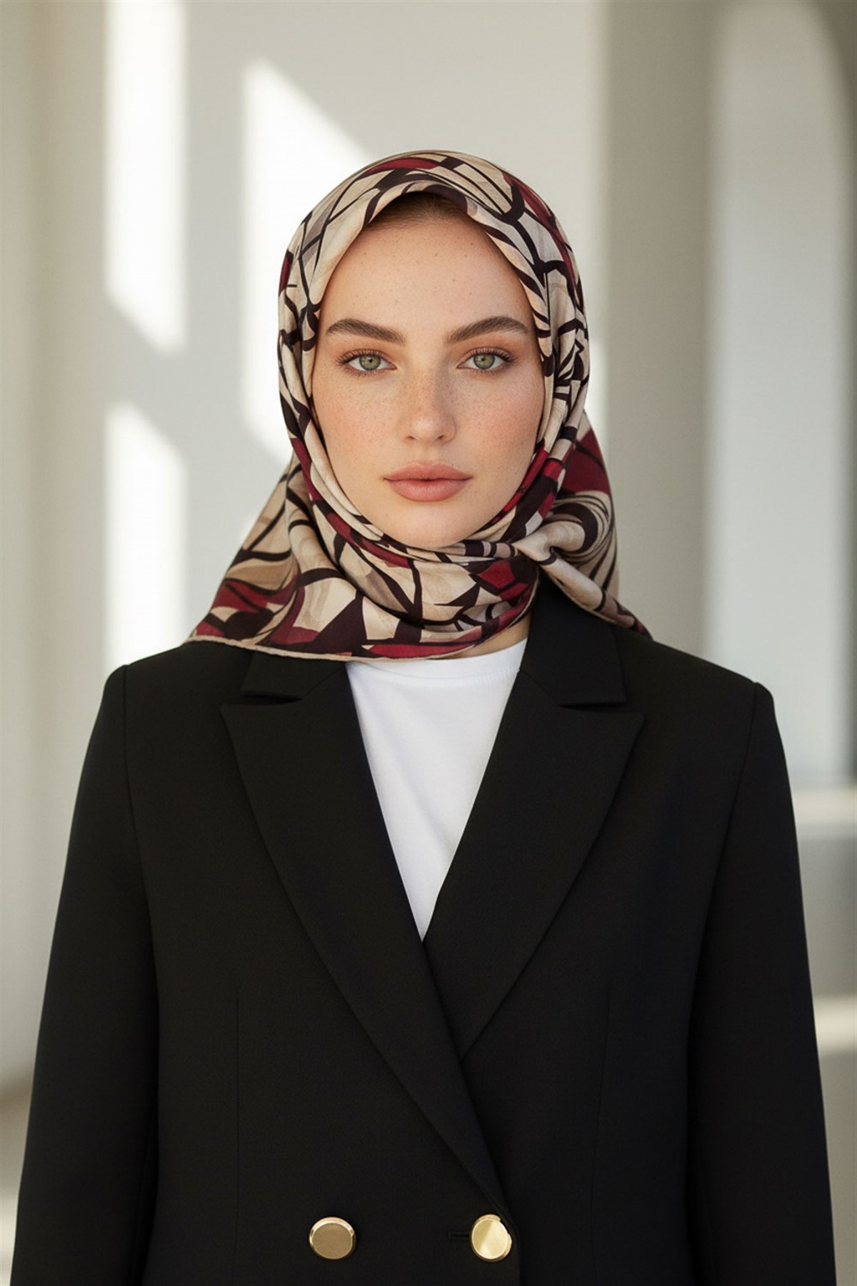 %100 Twill Renkli Petek Desenli Bej - Kırmızı Renkli 90x90 Eşarp Dikim Şekli: El Dikişii