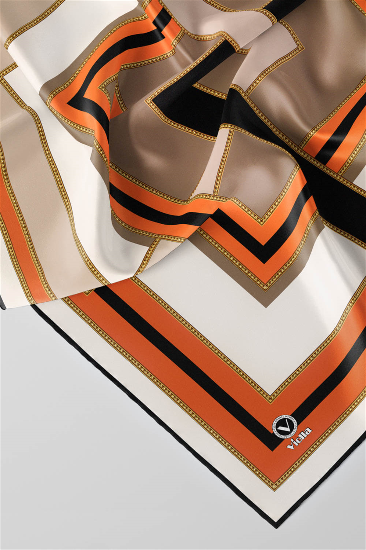 Twill Çerçeve Desenli Siyah - Taba Renkli 90x90 Eşarp (İpek İçermez) Kenar Dikiş Şekli El Dikişli