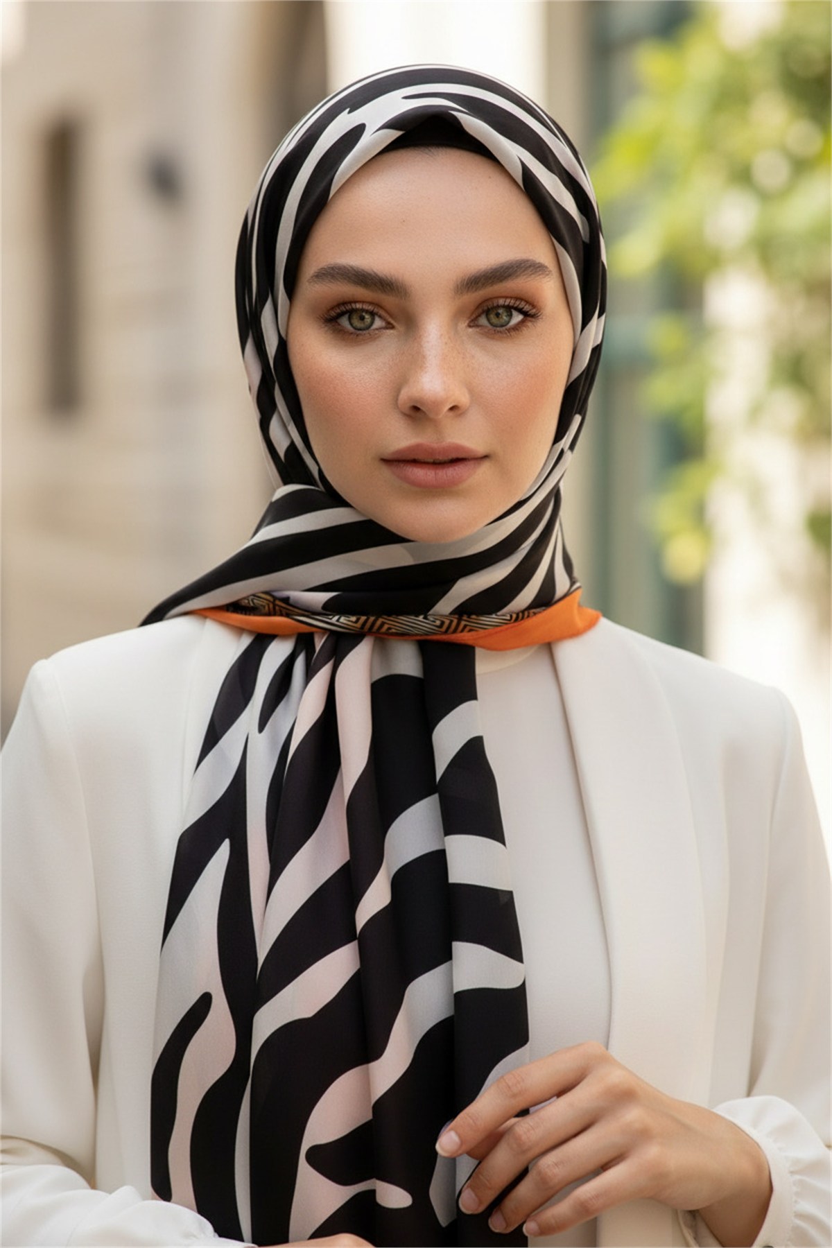 %100 Saf İpek Şal İnce Saten Vual Dokuma Zebra Desenli 90x210 Şal