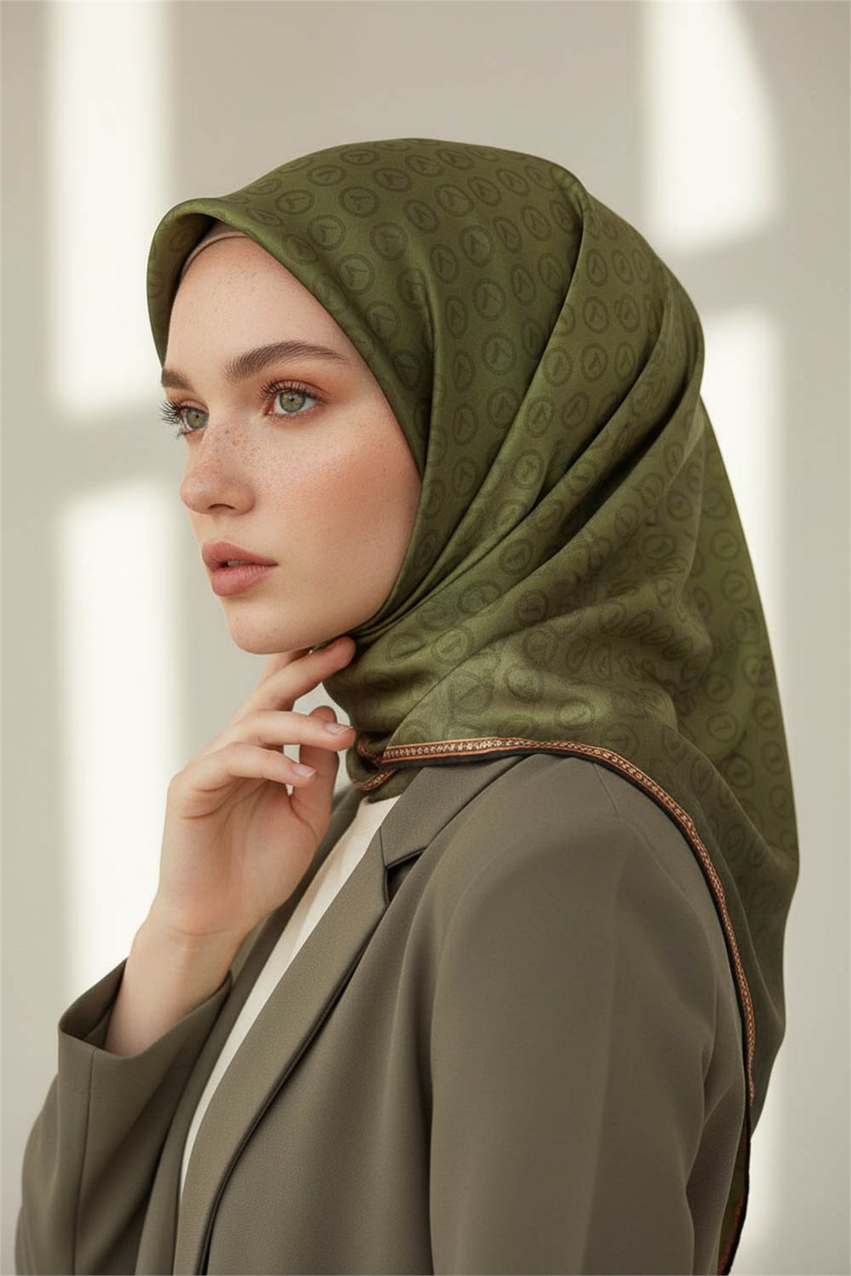 Rayon Degra Desenli Haki Renkli 90x90 Dikim Şekli : El Dikişi Eşarp (İpek İçermez) Kenar Dikiş Şekli El Dikişli
