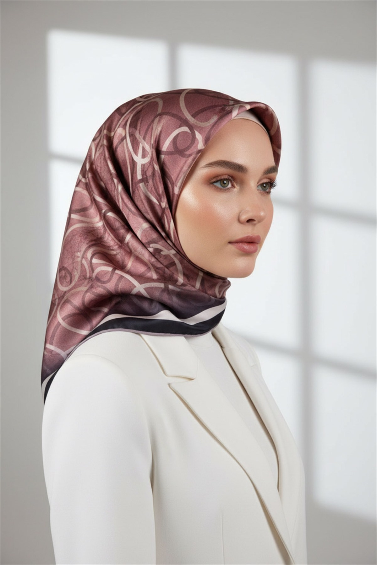 Kristal Geometrik Desenli Somon Renkli 90x90 Eşarp (İpek İçermez) Kenar Dikiş Şekli El Dikişli