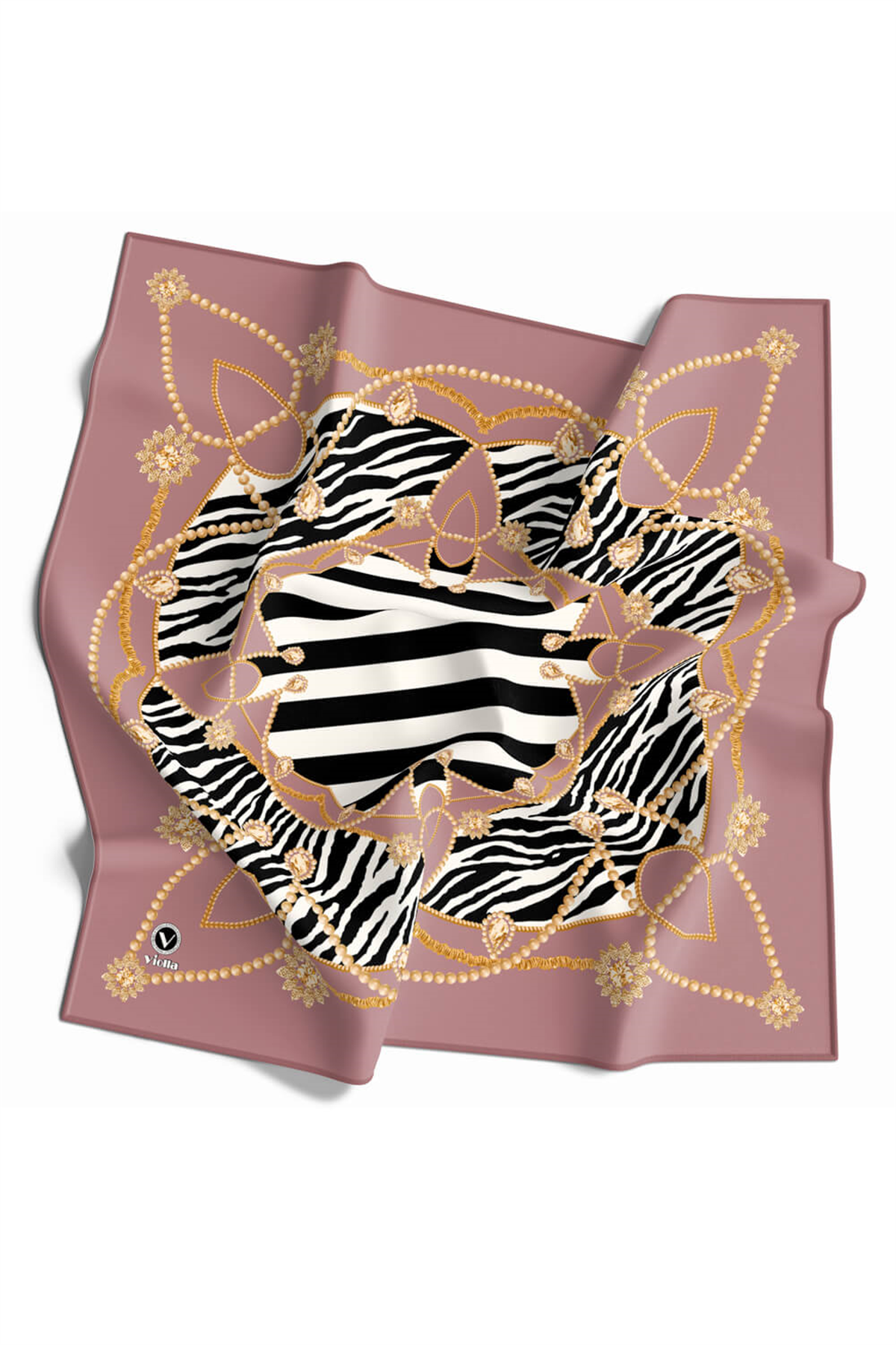 Twill Gold Detaylı Zebra Desenli Gül Kurusu Renkli 90x90 Eşarp (İpek İçermez) Kenar Dikiş Şekli El Dikişli