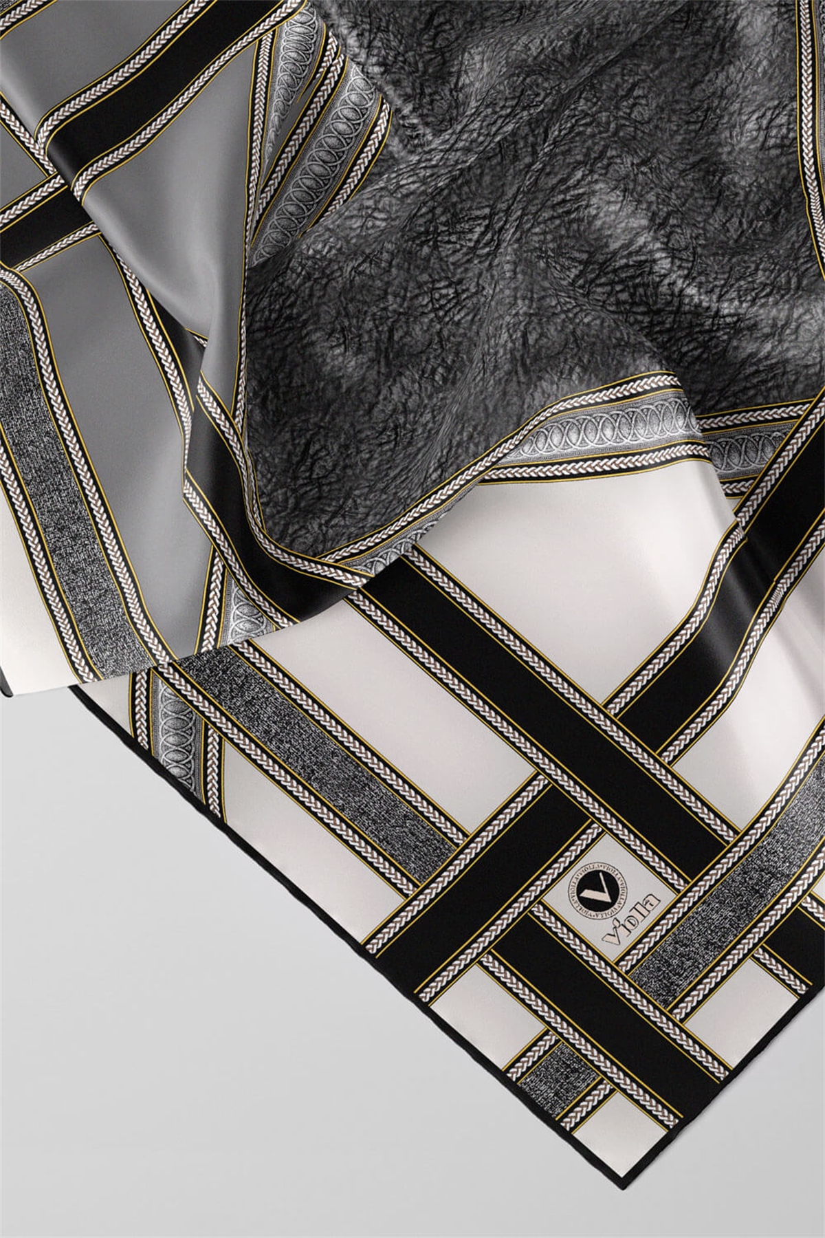 Twill Bordür Taş Desenli Gri Renkli 90x90 Eşarp (İpek İçermez) Kenar Dikiş Şekli El Dikişli
