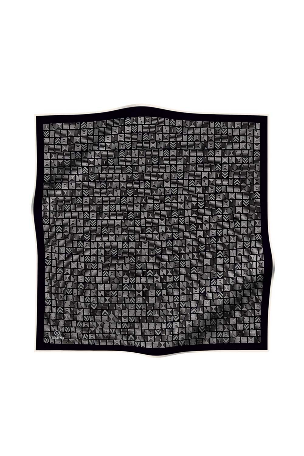 %57 İPEK %43 VİSKON Twill İpek Etnik Motif Desenli Siyah - Krem  Renkli 90x90 Eşarp Dikim Şekli : El Dikişi