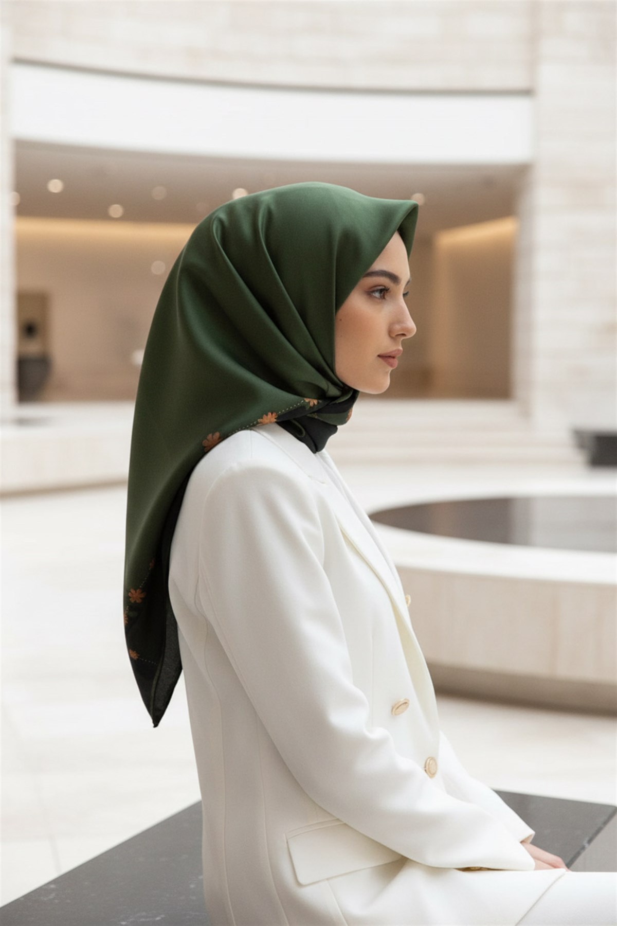 %100 Twill İpek Kenar Motifi Çiçek Desenli Haki - Gold Renkli 90x90 Eşarp Dikim Şekli : El Dikişi