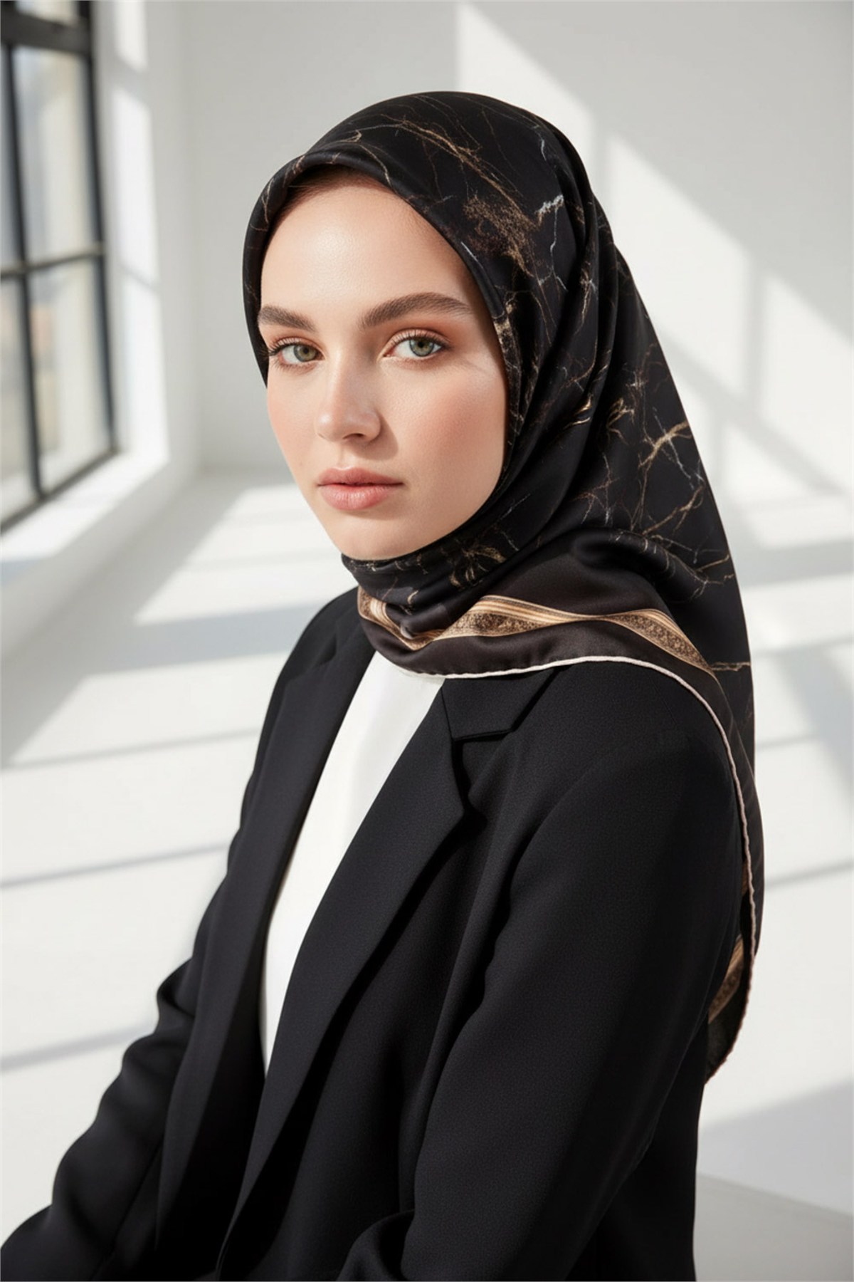 Kristal Barok Çerçeveli Mermer  Desenli Siyah Renkli 90x90 Eşarp (İpek İçermez) Kenar Dikiş Şekli El Dikişli