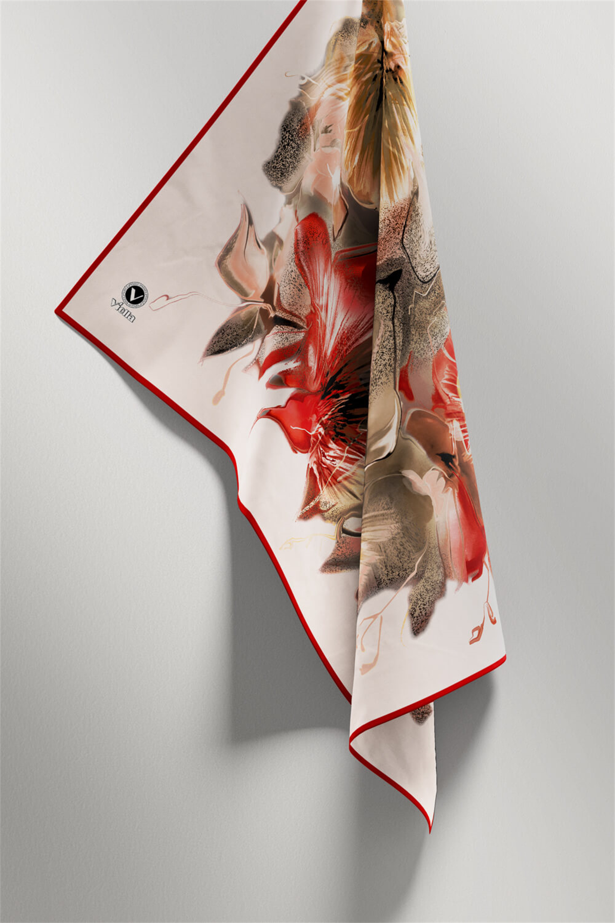 Twill Çiçek Desenli Bordo - Bej Renkli 90x90 Eşarp (İpek İçermez) Kenar Dikiş Şekli El Dikişli