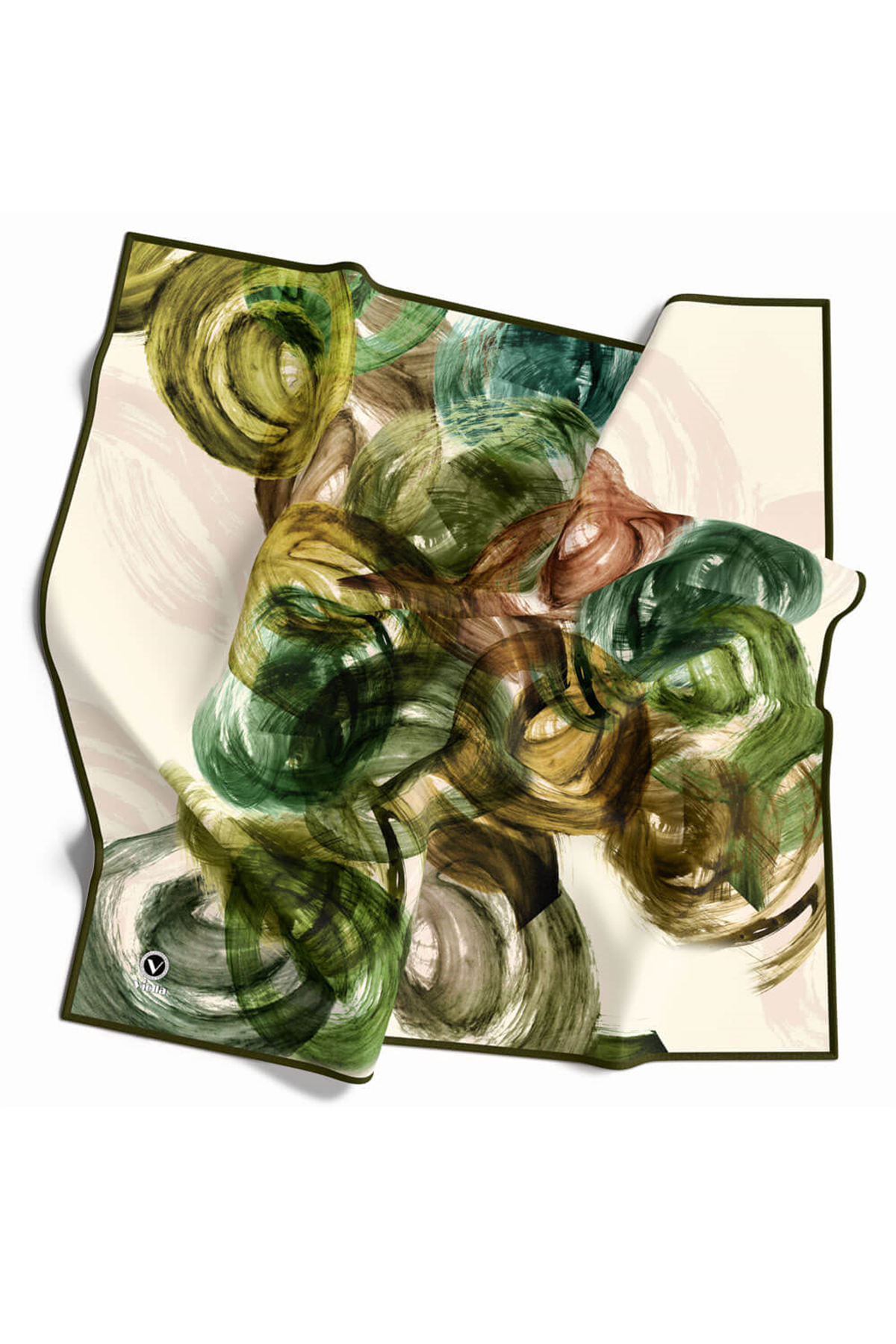 Twill Fırça Efektli Desenli Haki Renkli 90x90 Eşarp (İpek İçermez) Kenar Dikiş Şekli El Dikişli