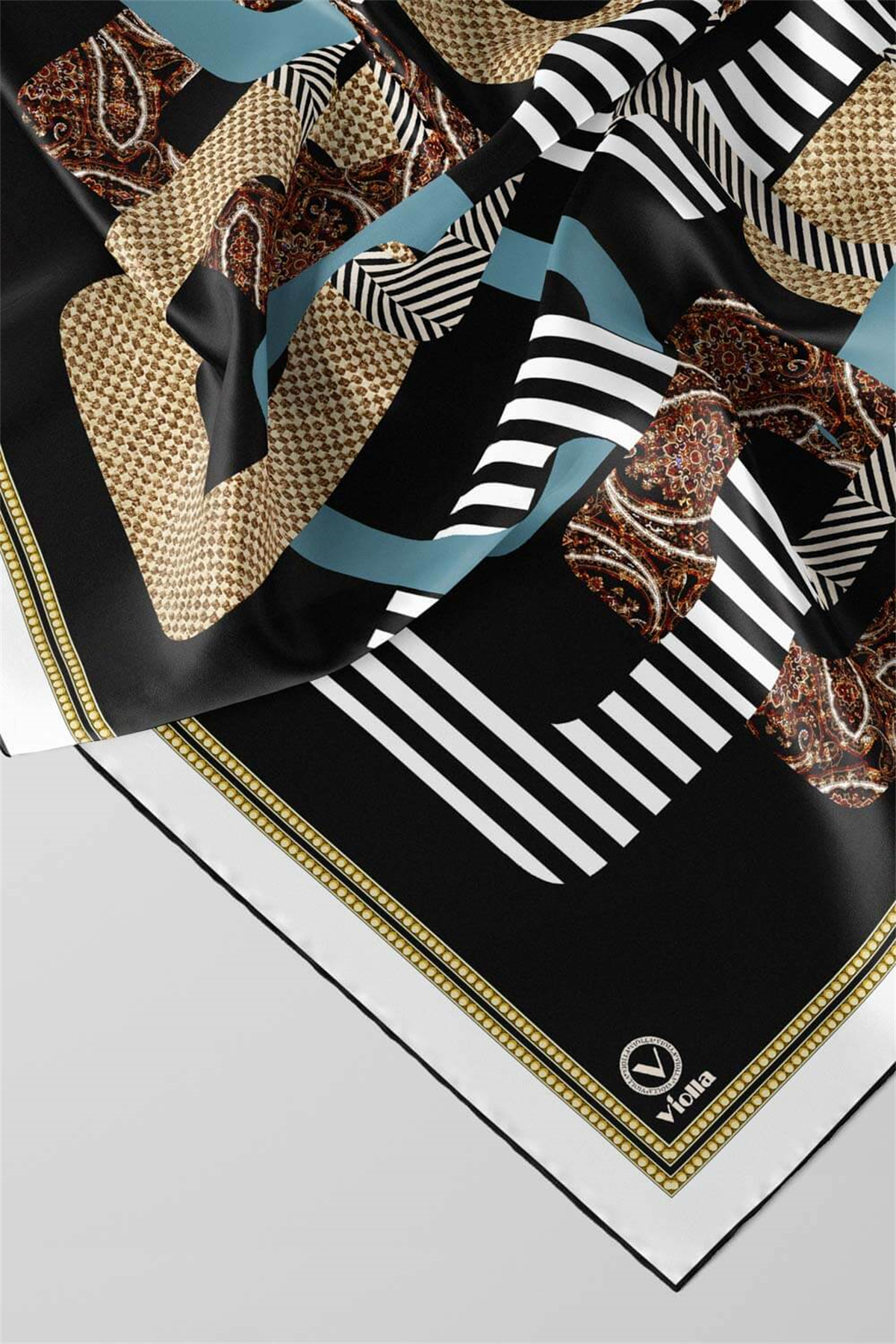 Twill Geometrik Desenli İndigo Renkli 90x90 Eşarp (İpek İçermez) Kenar Dikiş Şekli El Dikişli