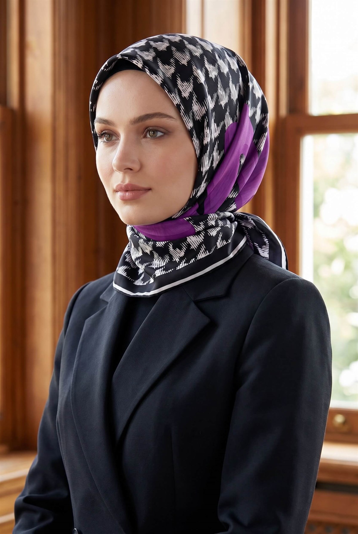 %100 Twill İpek Kazayağı Desenli Fuşya - Siyah Renkli 90x90 Eşarp Kenar Dikiş Şekli El Dikişli
